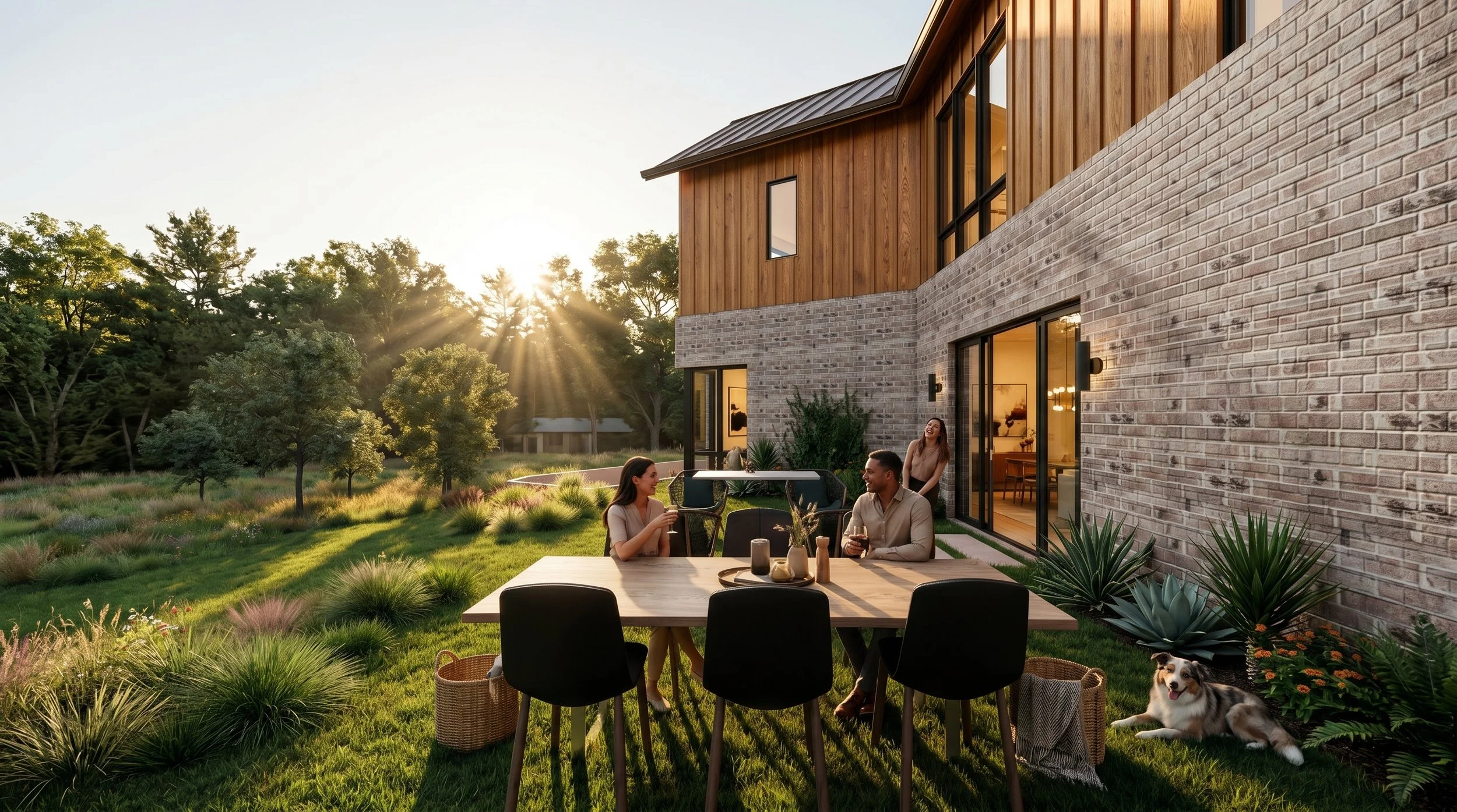 New Construction Mid-Century Modern Home in Austin, TX. Custom Architecture and Interior Design services. Sustainable design with mature trees, creek, and yards. Bright, open, airy spaces connect indoor and outdoor living spaces. Custom residential, 