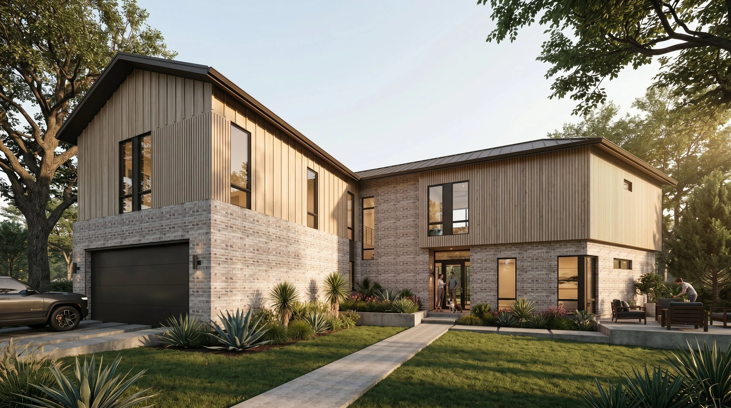 New Construction Mid-Century Modern Home in Austin, TX. Custom Architecture and Interior Design services. Sustainable design with mature trees, creek, and yards. Bright, open, airy spaces connect indoor and outdoor living spaces. Custom residential, 