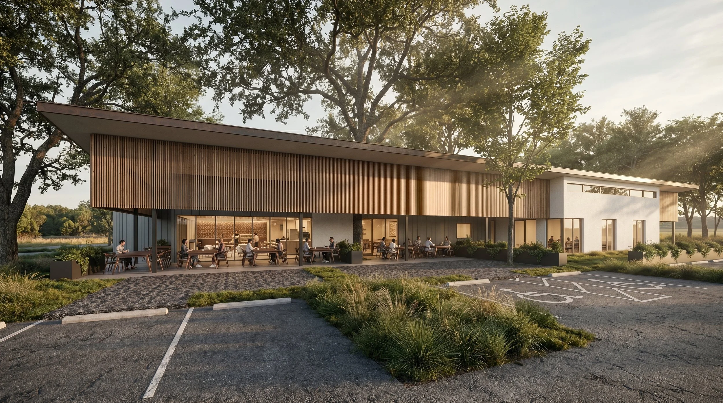 COFFEE HQ - New Construction Restaurant and Bar in Austin, TX for local coffee company. Custom Architecture and Interior Design services. Custom furniture design, lighting design and selection, custom millwork complement all-new kitchens, event space