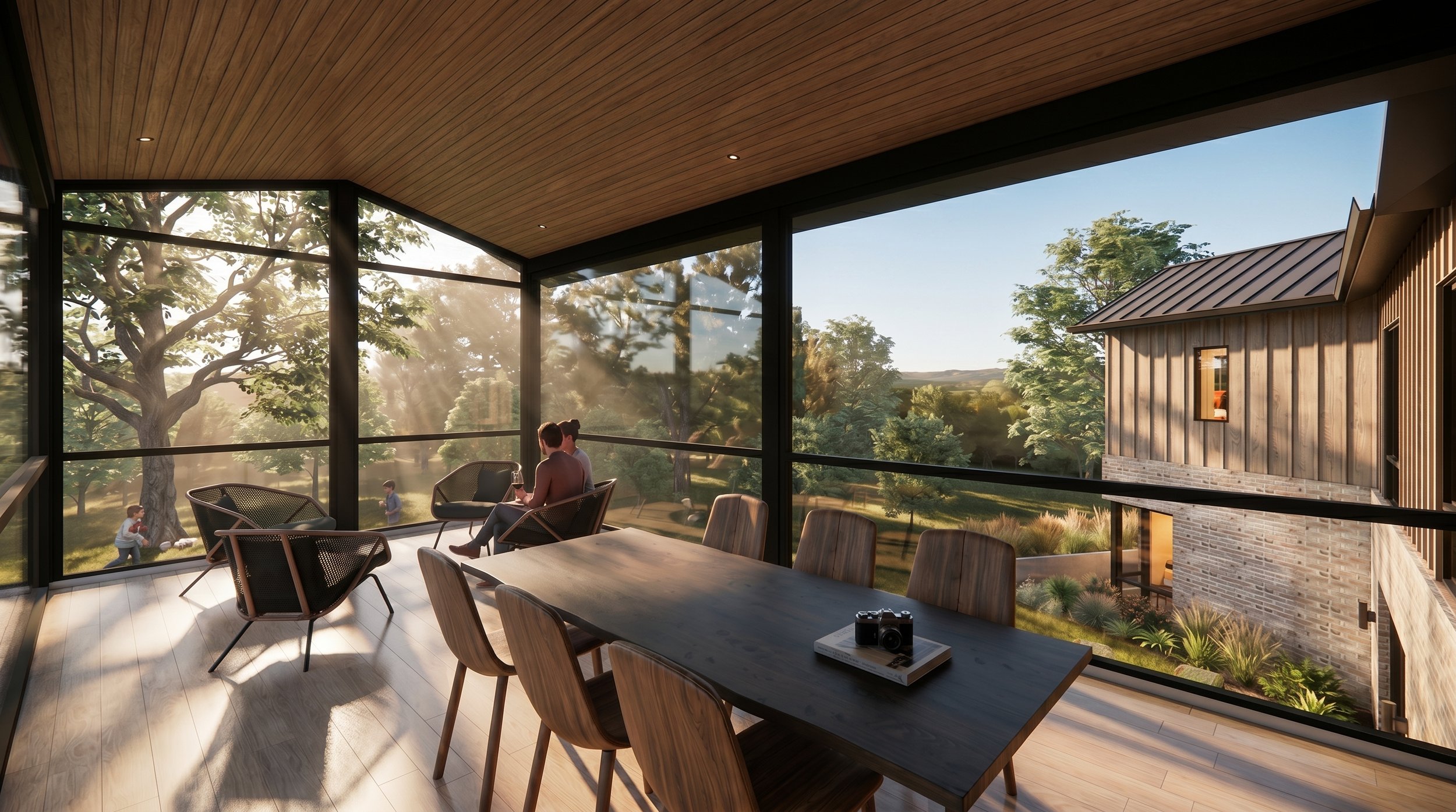 New Construction Mid-Century Modern Home in Austin, TX. Custom Architecture and Interior Design services. Sustainable design with mature trees, creek, and yards. Bright, open, airy spaces connect indoor and outdoor living spaces. Custom residential, 