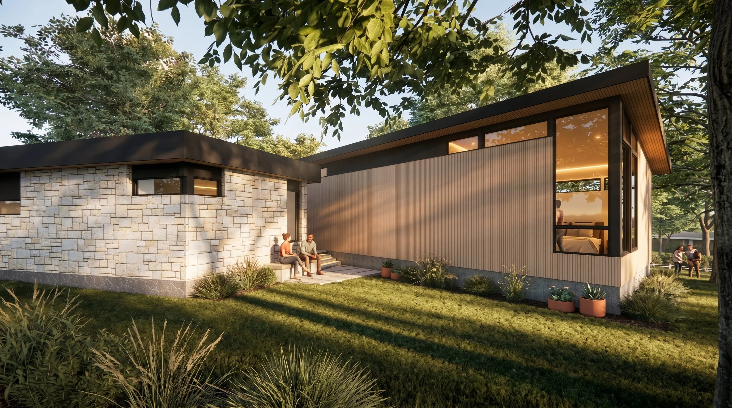 New Construction Mid-Century Modern Home in Austin, TX. Custom Architecture and Interior Design services. Historic neighborhood with mature trees, creek, and parks. Bright, open, airy spaces connect indoor and outdoor living spaces.  Custom residenti