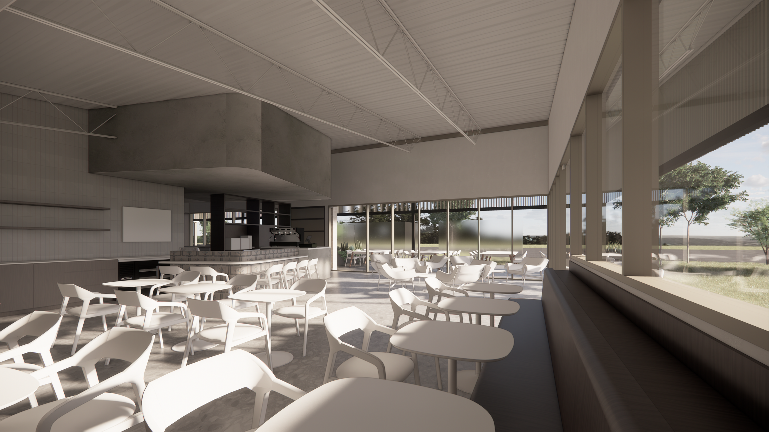 COFFEE HQ - New Construction Restaurant and Bar in Austin, TX for local coffee company. Custom Architecture and Interior Design services. Custom furniture design, lighting design and selection, custom millwork complement all-new kitchens, event space