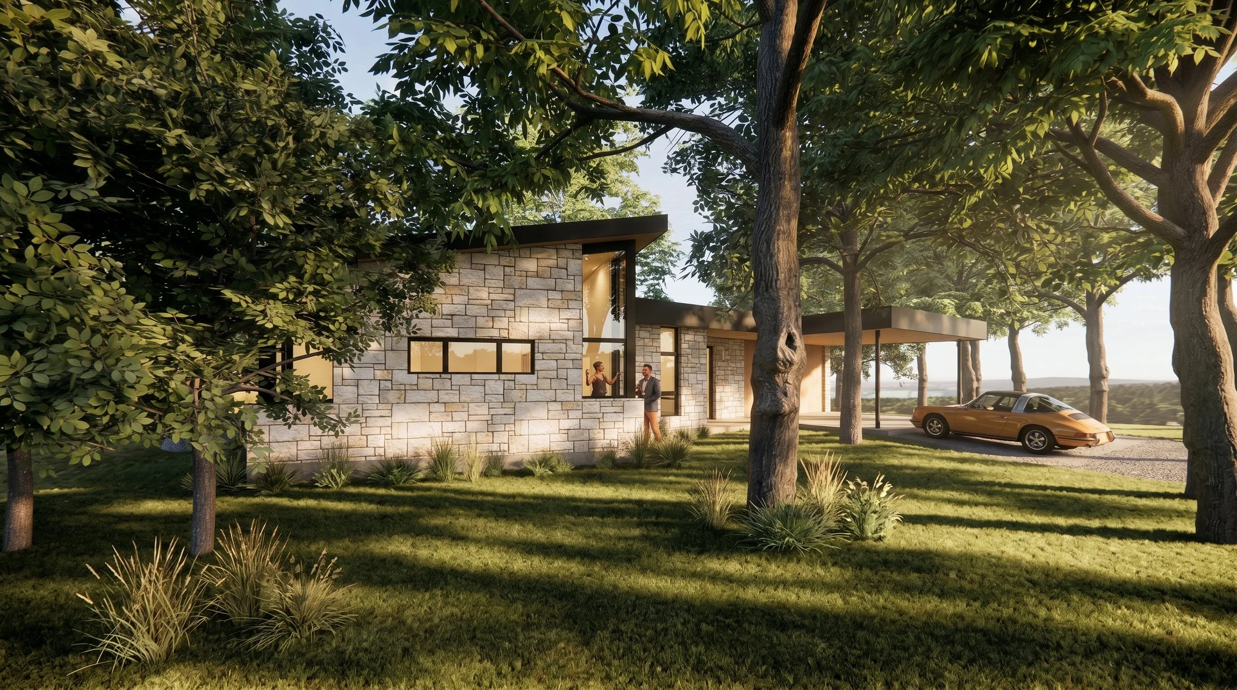 New Construction Mid-Century Modern Home in Austin, TX. Custom Architecture and Interior Design services. Historic neighborhood with mature trees, creek, and parks. Bright, open, airy spaces connect indoor and outdoor living spaces.  Custom residenti