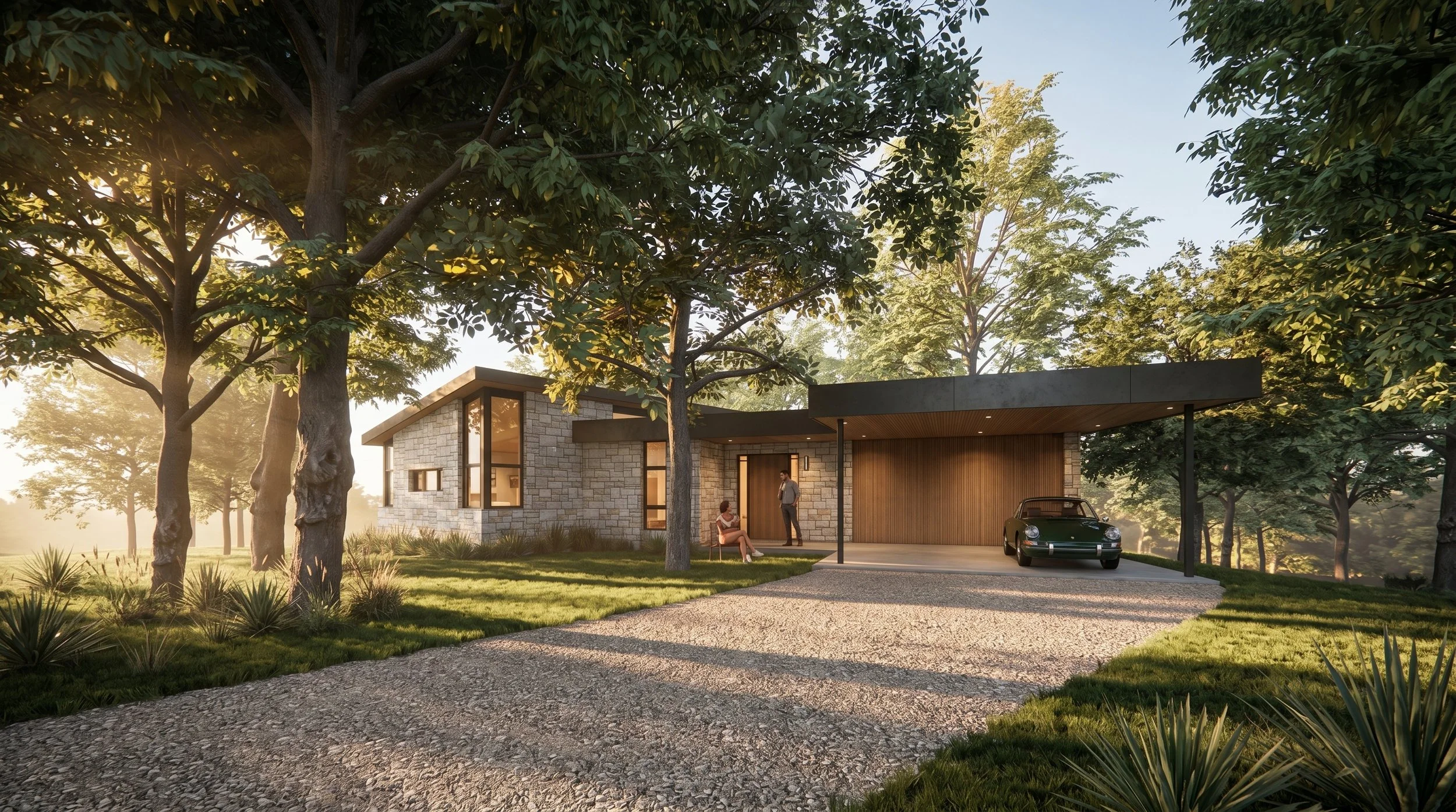 New Construction Mid-Century Modern Home in Austin, TX. Custom Architecture and Interior Design services. Historic neighborhood with mature trees, creek, and parks. Bright, open, airy spaces connect indoor and outdoor living spaces.  Custom residenti
