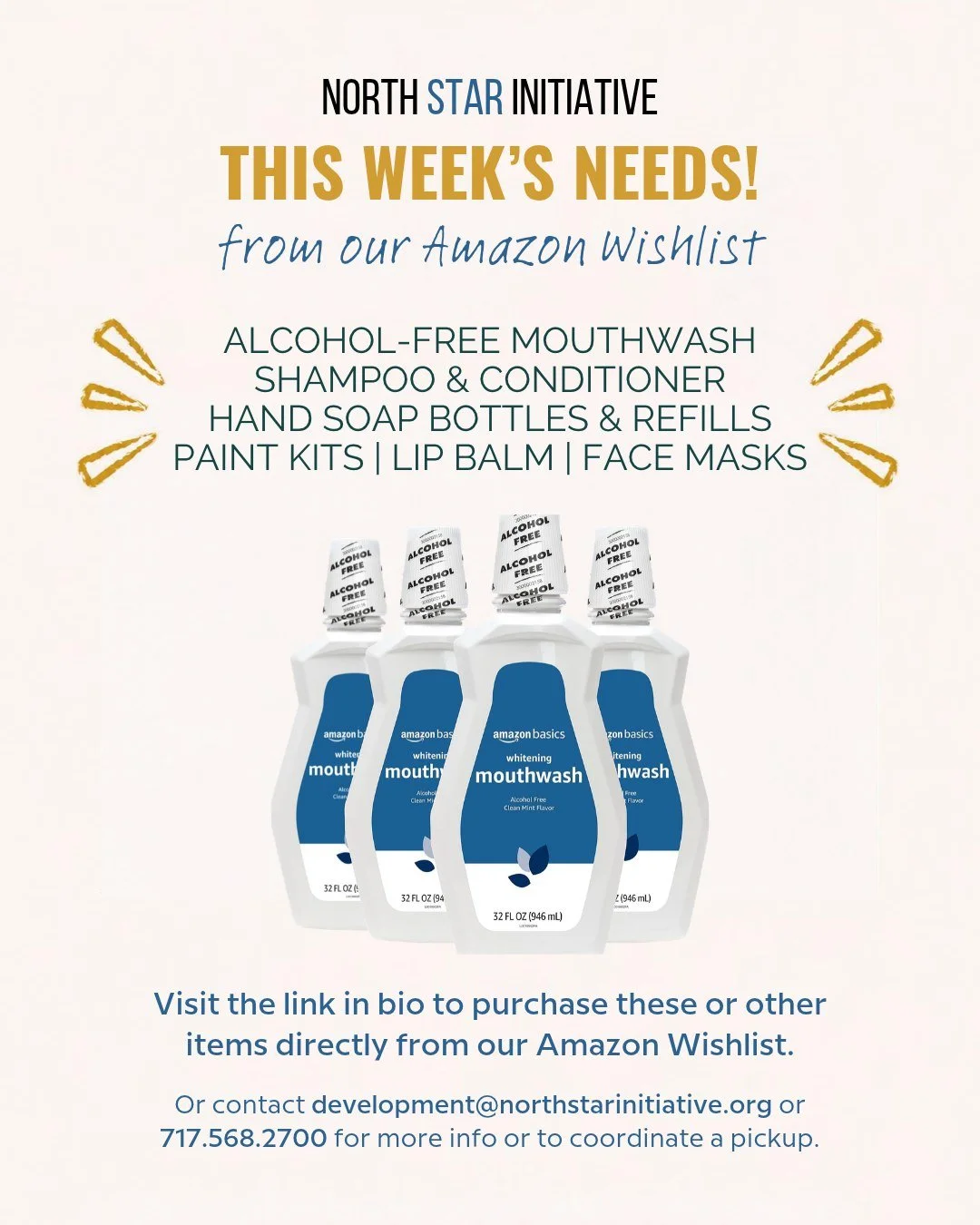 Mouthwash, shampoo, hand soap and lip balm might seem like small ways to support North Star Initiative. But they make a huge difference in the lives of our residents. Will you check out our Amazon Wishlist and add a meaningful item the next time you 