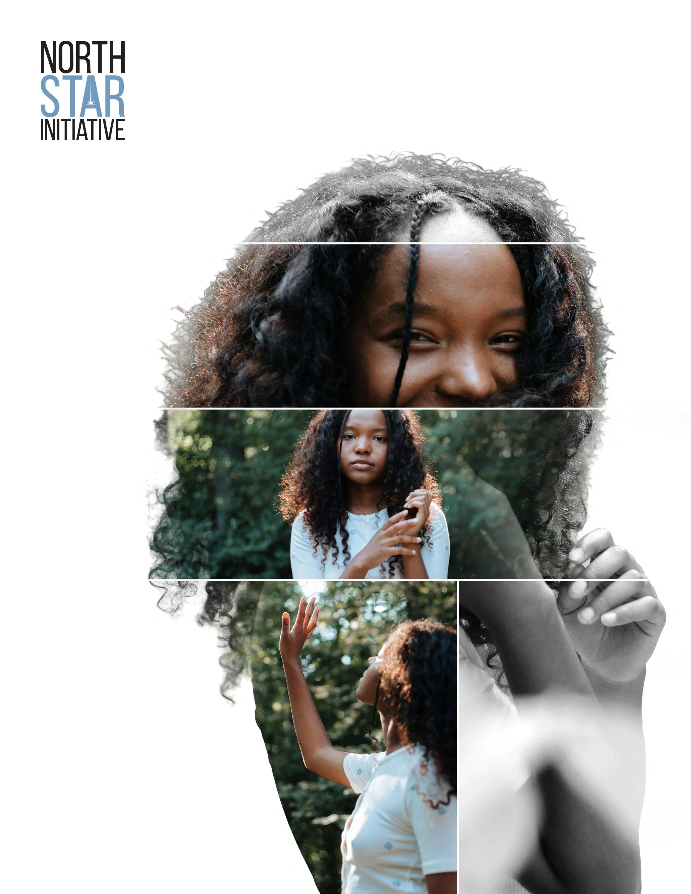 A young girl with curly hair stands outdoors with her back to the camera, raising her hand. The image is overlaid with a partially black-and-white close-up of a woman with curly hair, smiling. The photo is part of a collage, with the logo of the North Star Initiative in the top left corner.