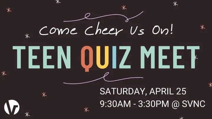 We are stoked to host the NW District Teen Bible Quiz Finals on Saturday, April 25! SVNC quizzers would love for you to show your support and see the dedication they have for quizzing! It is held from 9:30 AM to 3:30 PM.