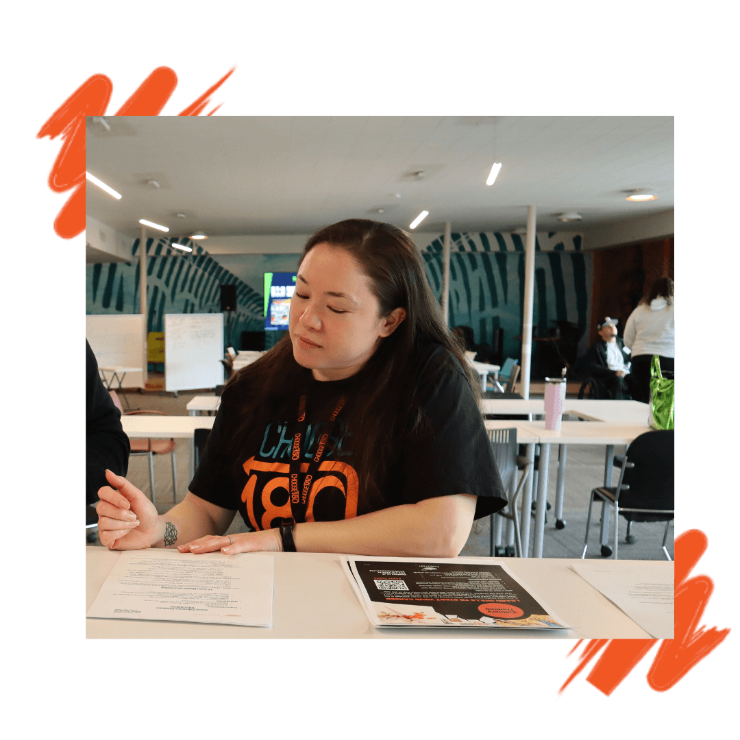 CHOOSE 180 staff member look at pieces of paper