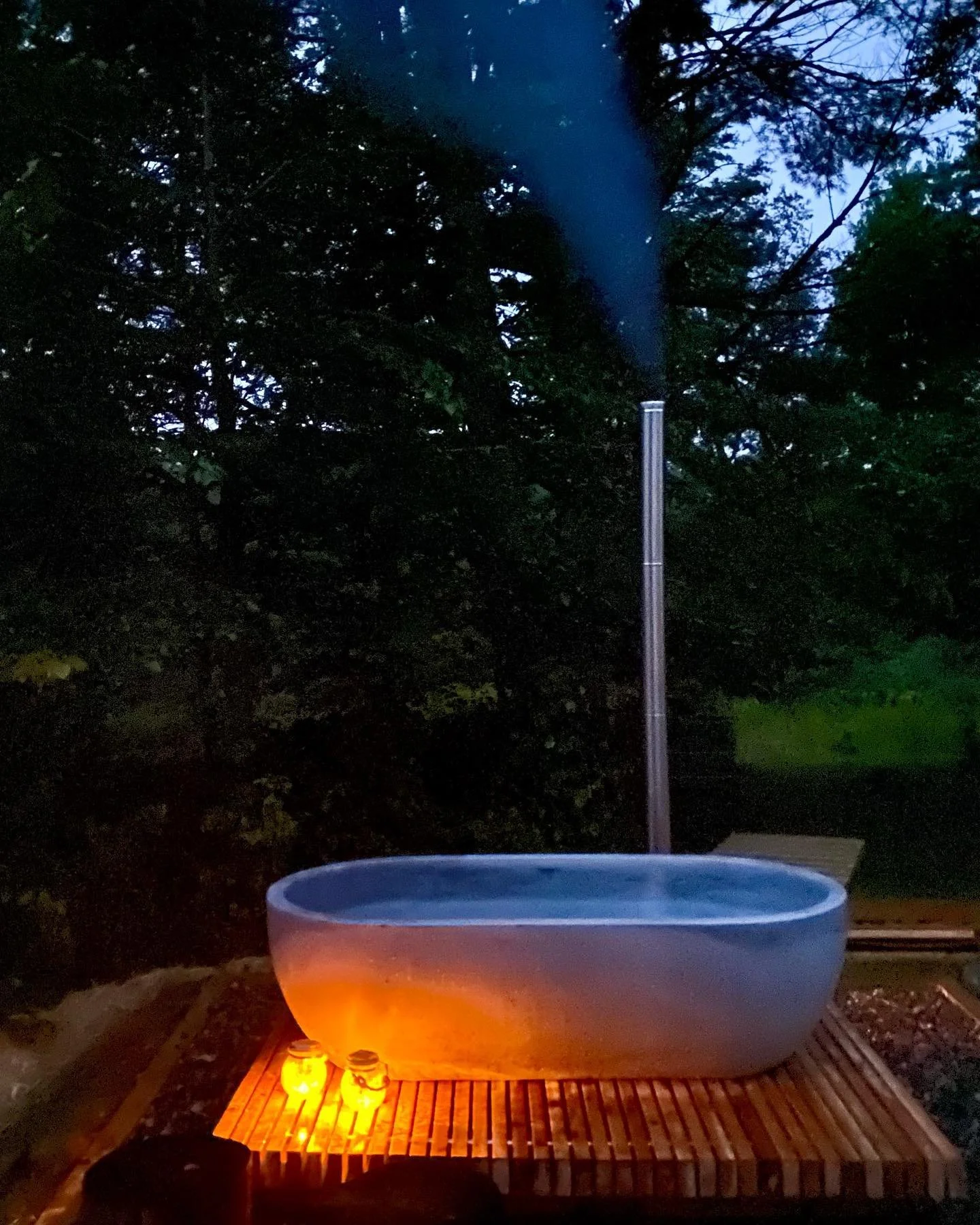 Update: due to a manufacturing error, our new tub is out of commission for now. We will keep you posted. 😢

About to take the maiden dip, with a summer rain and cricket serenade!!