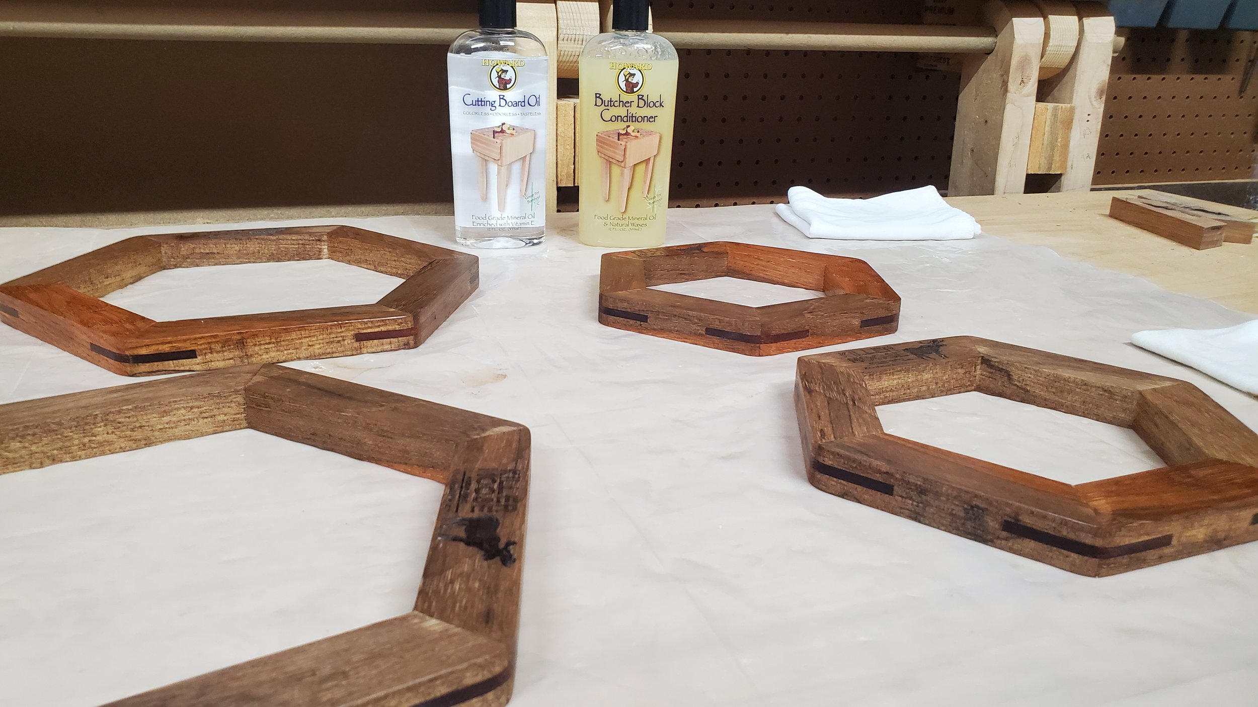 Putting on the first of 3 coats using Howard Food Grade Butcher Block Conditioner and then Howard Food Grade Cutting Board Mineral Oil.