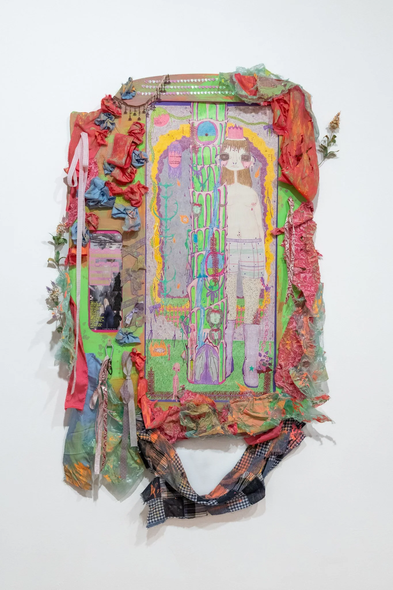 Morgan Hardigree: Babble on Barbara, 2025. Color pencil on paper, digital photocollage, fabric, plastic wrapping, wire flowers, beaded trim, cording, carabiner, lasercut plywood with acrylic paint; 59 x 37 inches.