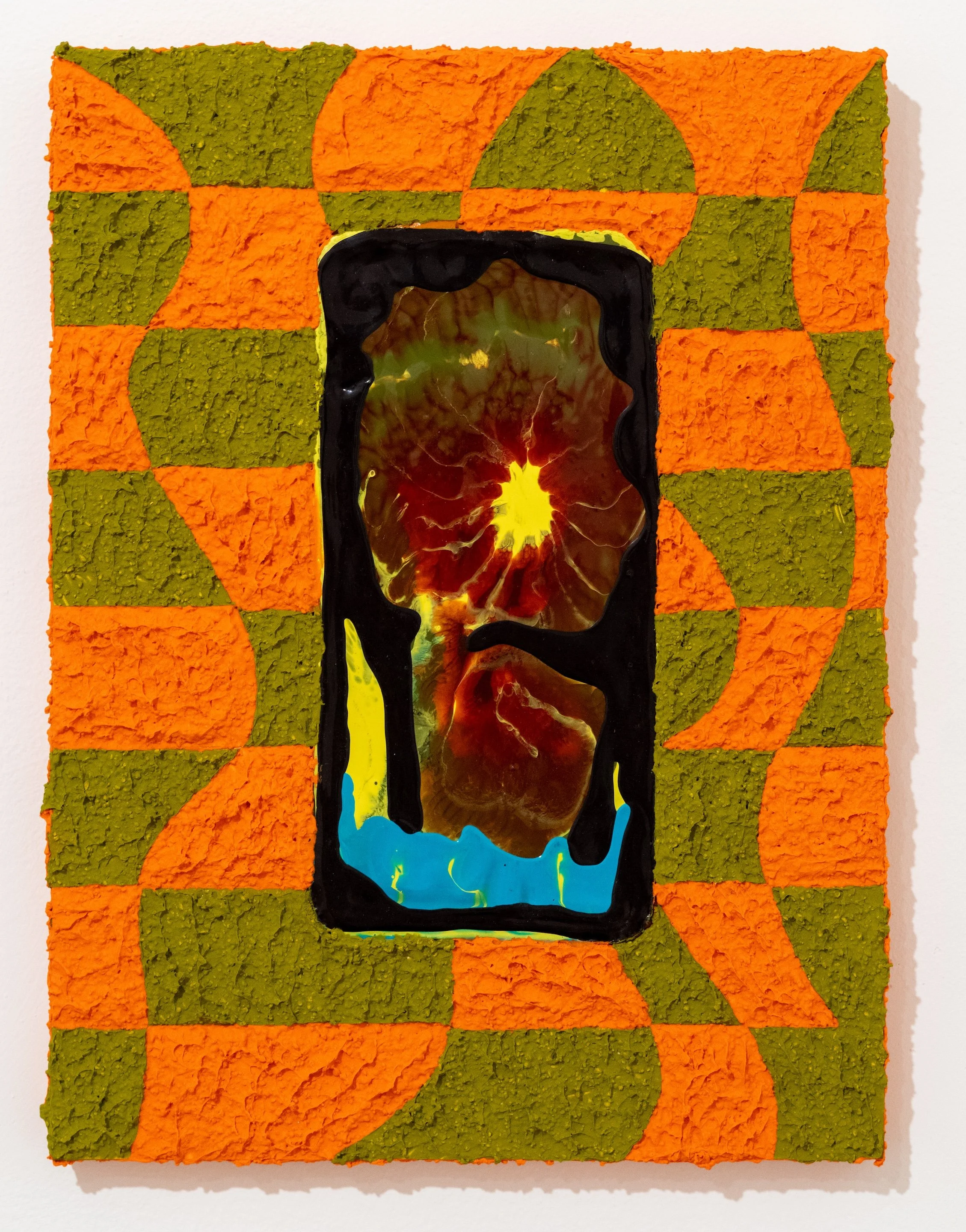 Carlos Rosales-Silva: Oil Slick Flower, 2026. Glass bead and crushed stone in acrylic and polyurethane on panel, 18 x 12 inches. 