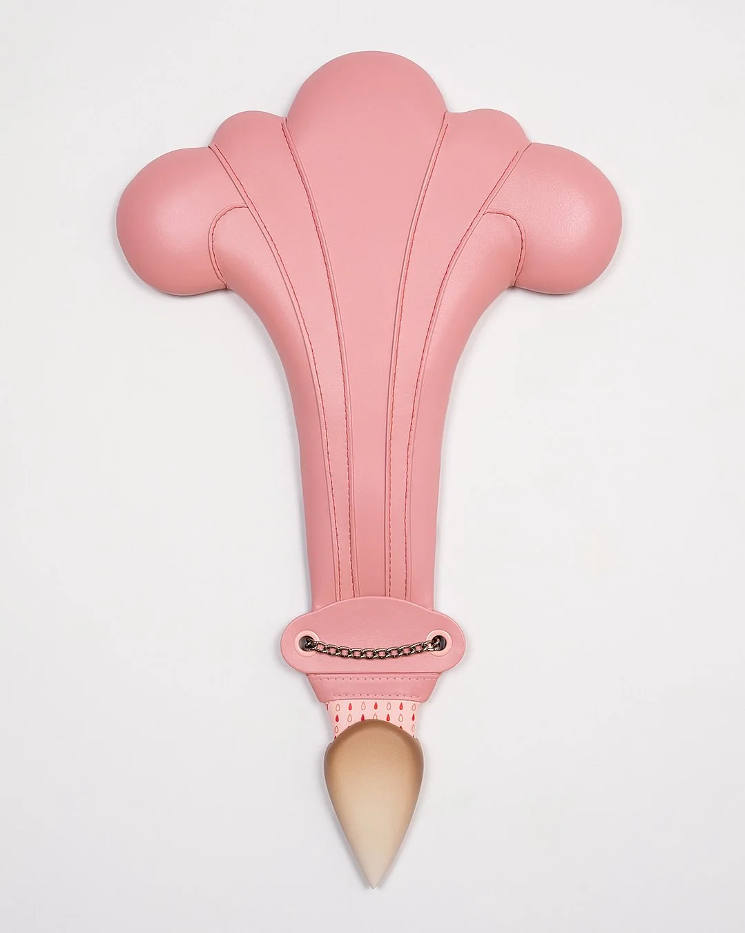 Trish Tillman: Balancing Tool, 2025. Leather, UK UV ink, wood, foam, thread, polymer clay, acrylic, powder coated and chrome hardware; 26 x 16 x 1 inches.