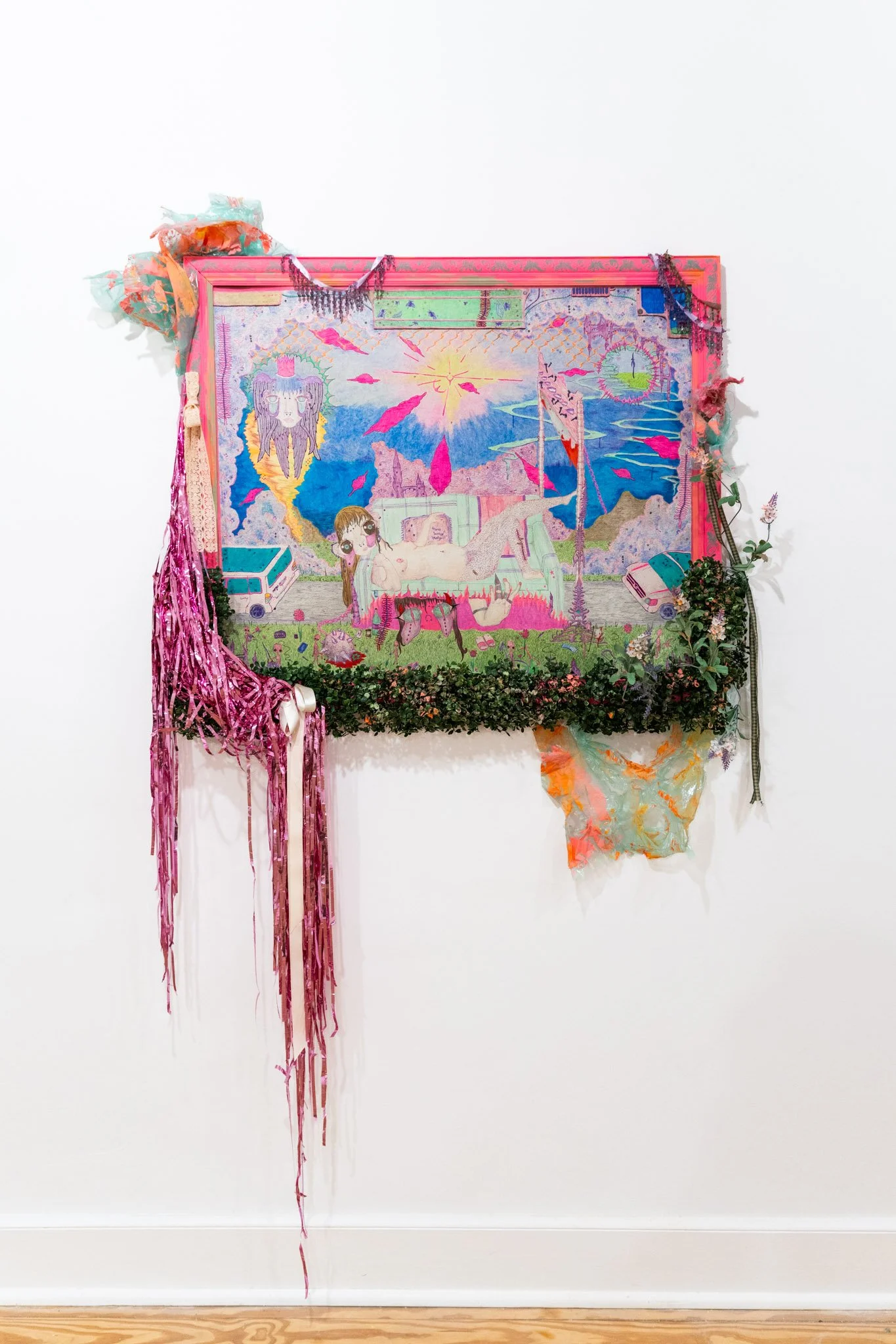 Morgan Hardigree: Guillotine Razor, 2025. Color pencil on paper, wire flowers, ribbon, beaded trim, plastic wrapping, fake foliage, tinsel, fabric, second hand frame with acrylic paint; 43 x 33 inches.
