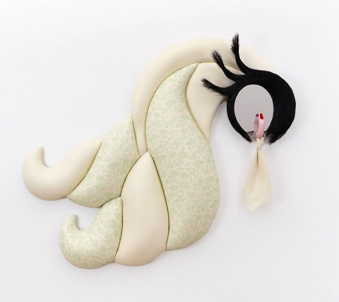 Trish Tillman: Witness Marks, 2025.  Leather, UV ink, wood, foam, thread, horse hair, mirror, polymer clay, acrylic, chrome ring, and cotton; 26 x 31 x 3 inches. 