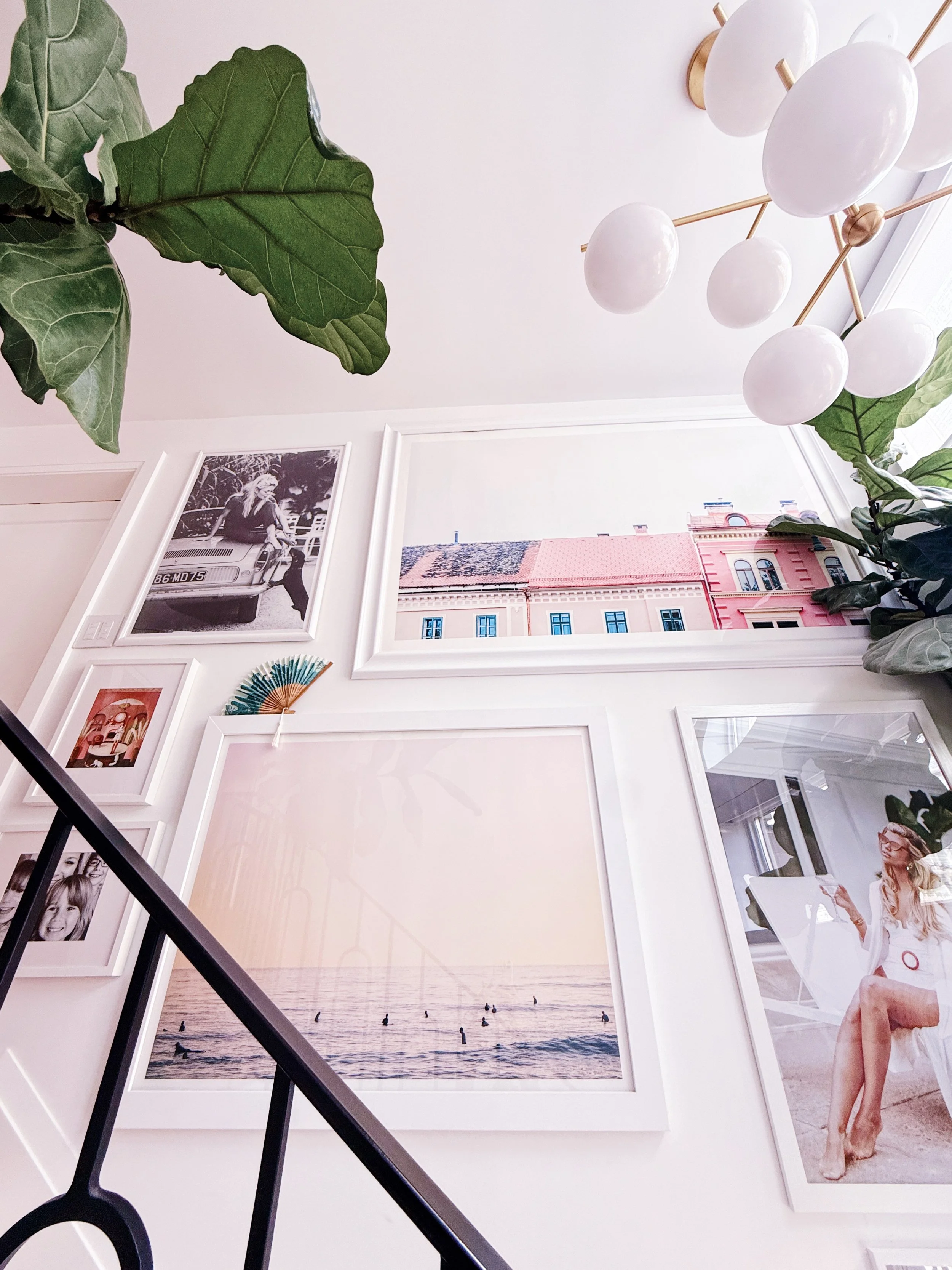 Interior wall decorated with framed photographs, a painting, and a fan; ceiling light fixtures and large green leafy plants are visible in the room.