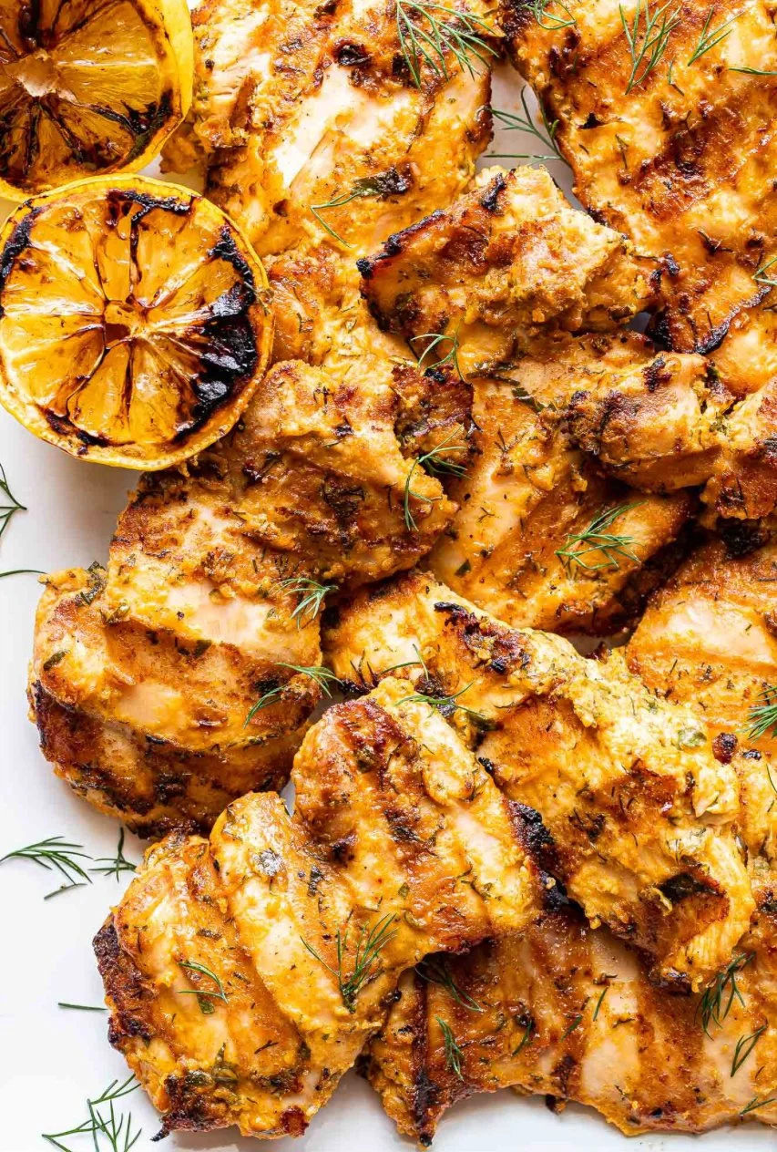 Grilled Tahini Chicken w/ Summer Chickpea Salad