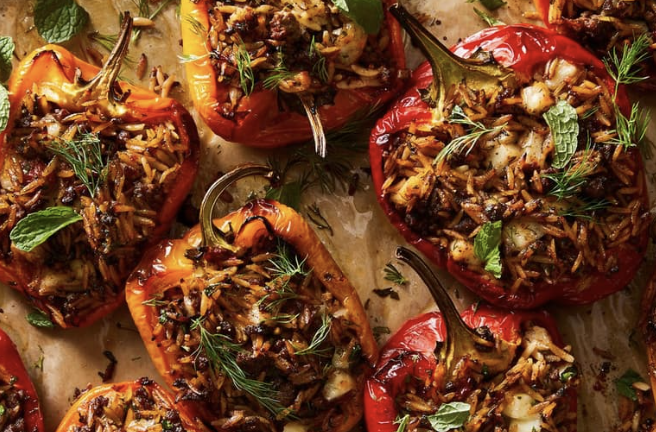 Stuffed Peppers w/ Lamb, Orzo and Halloumi Cheese