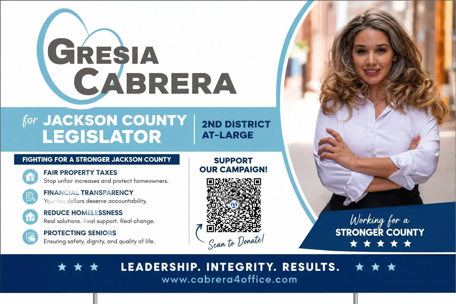A political campaign sign for Gresia Cabrera for Jackson County Legislator, 2nd District at-large. The sign features a photo of a woman with curly hair, wearing a white shirt, standing outdoors. The sign includes campaign points about fair property taxes, financial transparency, reducing homelessness, and protecting seniors, along with a QR code for donations and the website www.cabrera4office.com.
