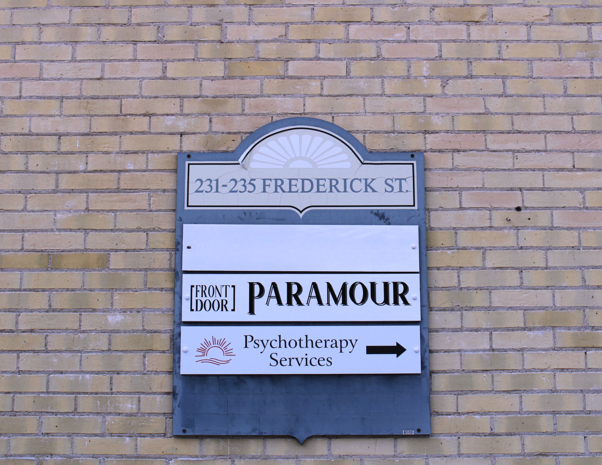 Sign at the back of 235 Frederick St Kitchener where Grace Brown provides counselling in Kitchener-Waterloo