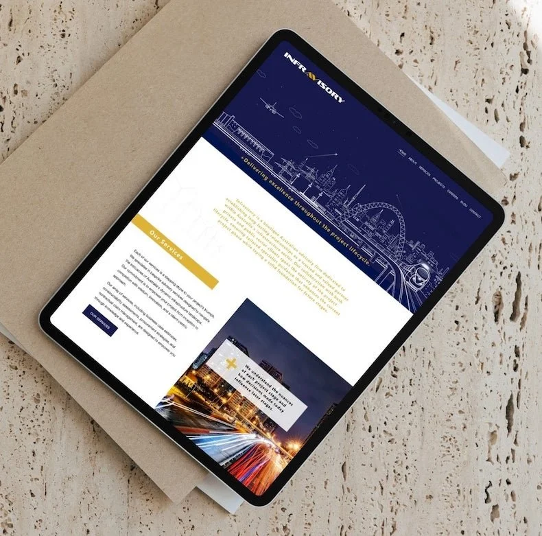 Webpage layout for a consulting firm, featuring sections on services, mission, values, and blog, with images of cityscapes, people shaking hands, and modern infrastructure.