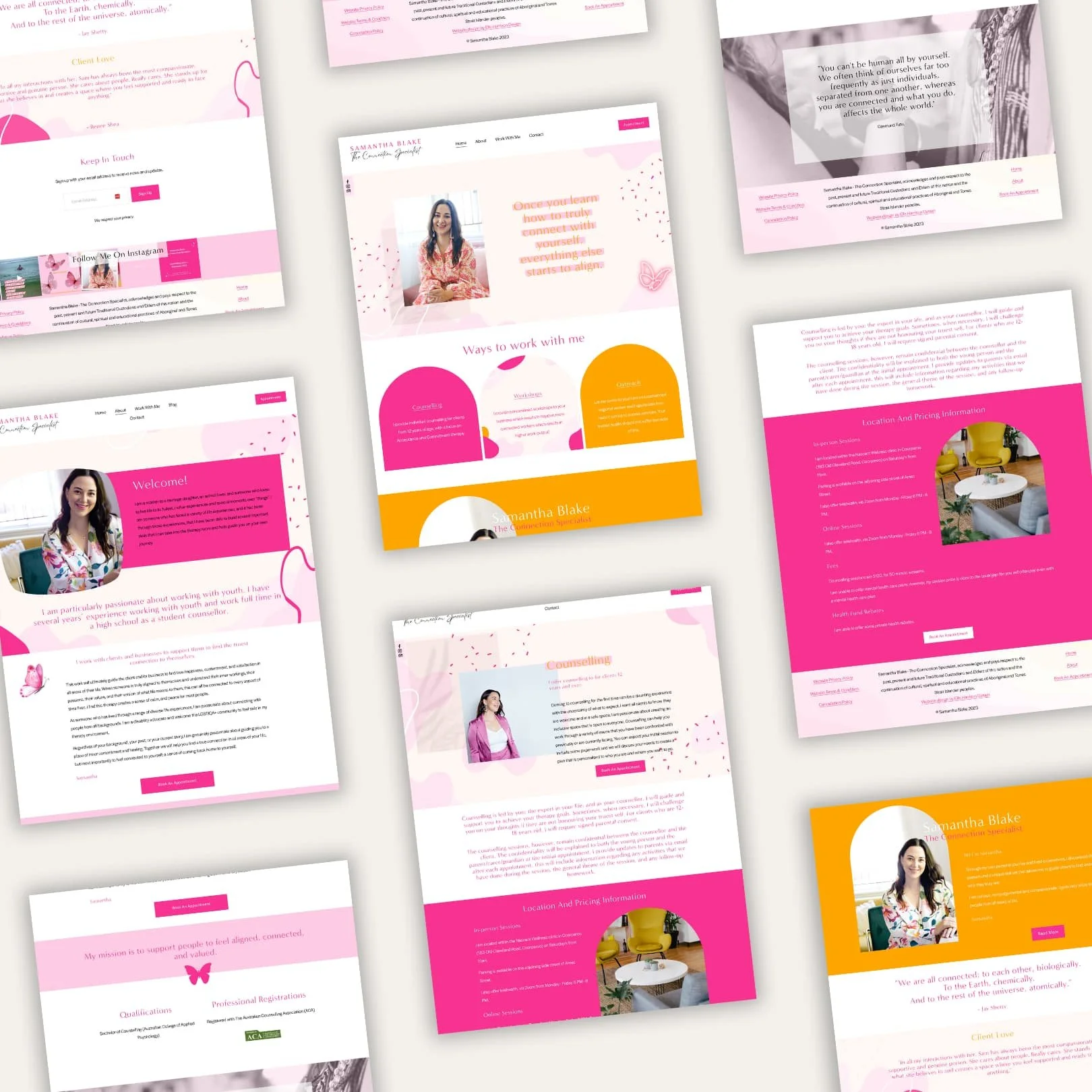Website designer for  counseling professional named Samantha Blake, with pink and orange color schemes, featuring images of the counselor, quotes, and information about services, location, and credentials.