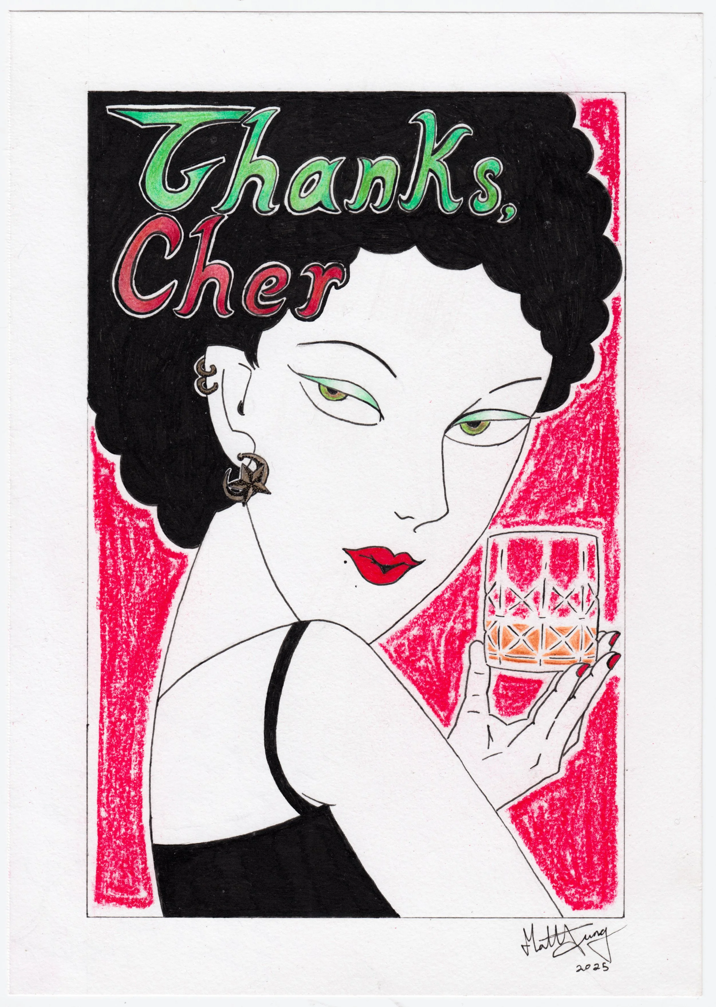 Thanks, Cher (2025) - Mixed Media; marker, colored pencils, pastel chalk