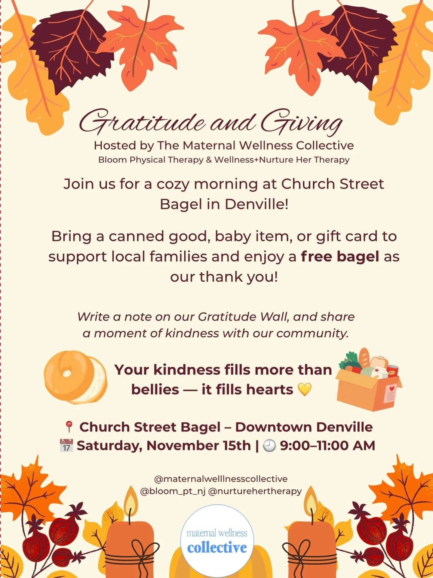 TOMORROW MORNING!!! ☕️🥯🧡🍂🍁
Let&rsquo;s start this holiday season off with a spirit of gratitude and giving! What a privilege it is to support our community and local families! Join us tomorrow morning, Sat 11/15/25, for some giving and breakfast 