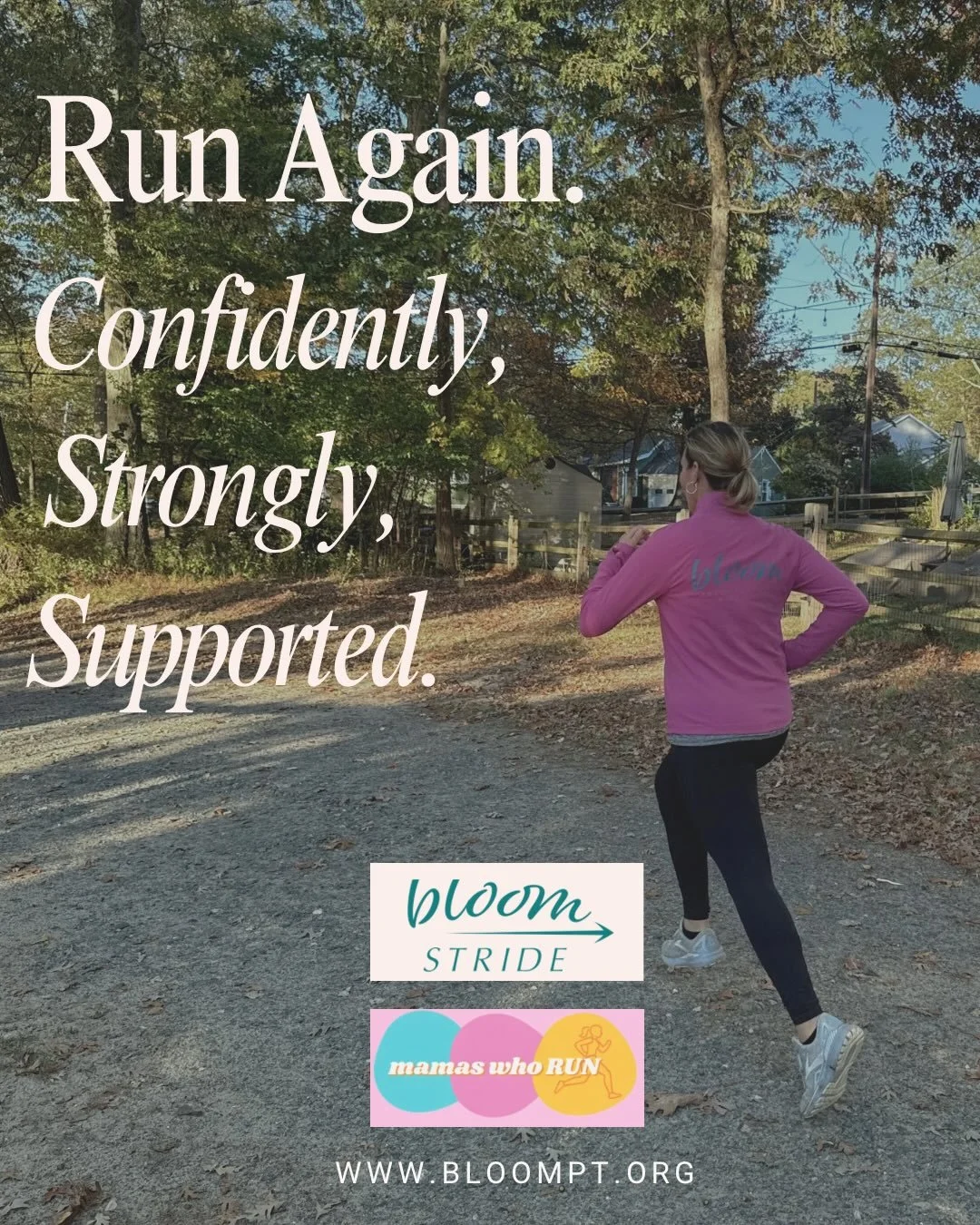 Ready to run again&mdash;without guessing or pushing too hard? 🏃🏼&zwj;♀️
Bloom Stride is a 4-week walk-to-run series for moms, guided by a Doctor of Physical Therapy and designed to help you return to running confidently, safely, and supported!

✔️