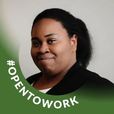 Portrait of a woman with dark hair in a ponytail wearing a black top, with a green and white background and the hashtag #OPENTOWORK.