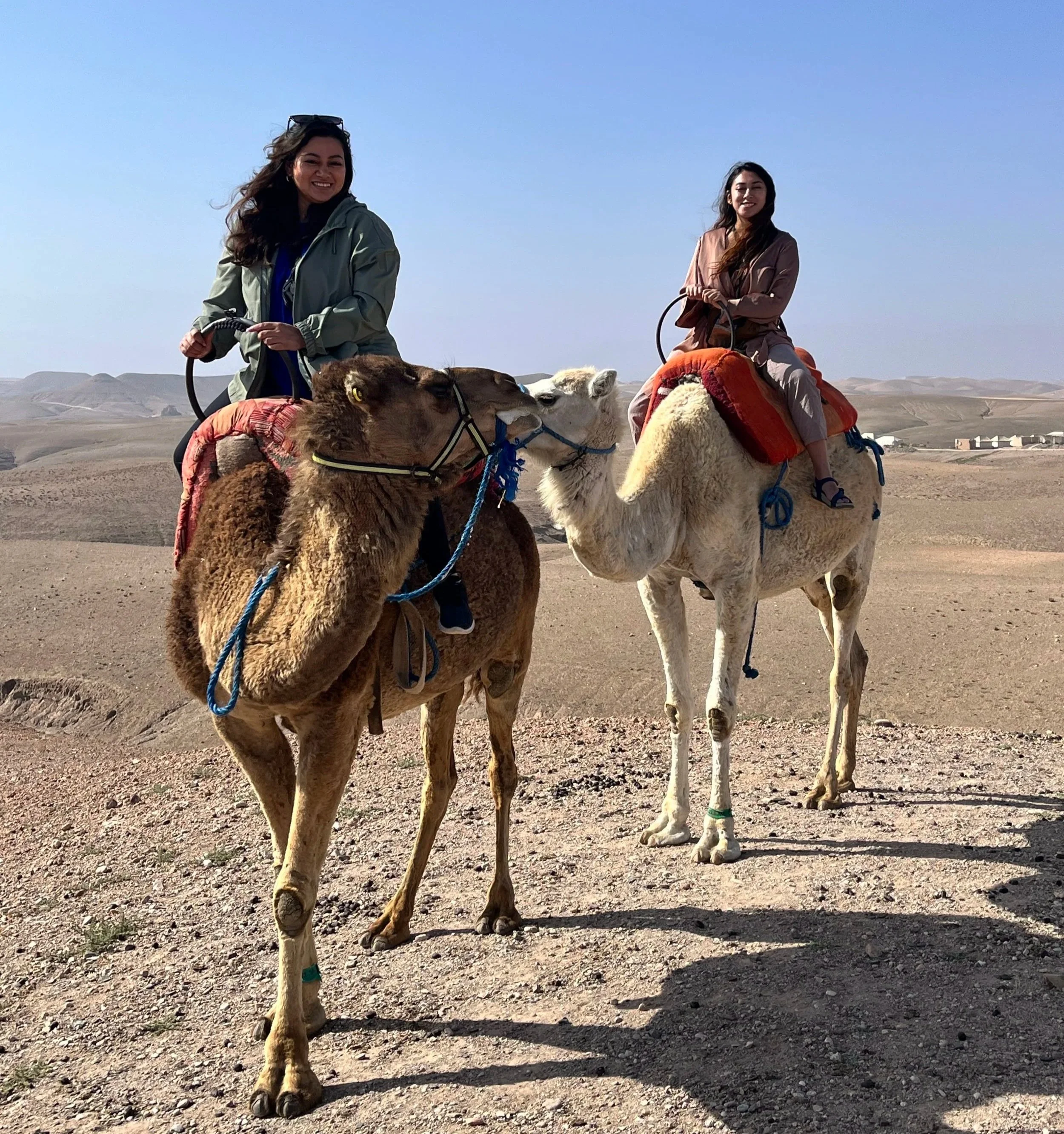 Two women riding camels in a desert landscape, with a clear blue sky and distant hills.