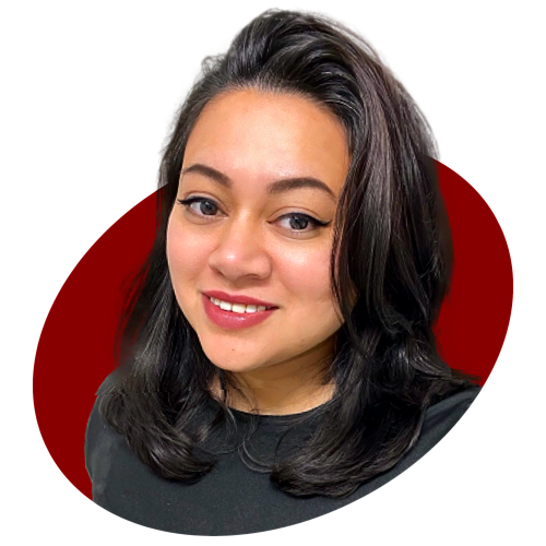Portrait of a young woman with dark hair and a black shirt, smiling at the camera, with a red and black graphic background.