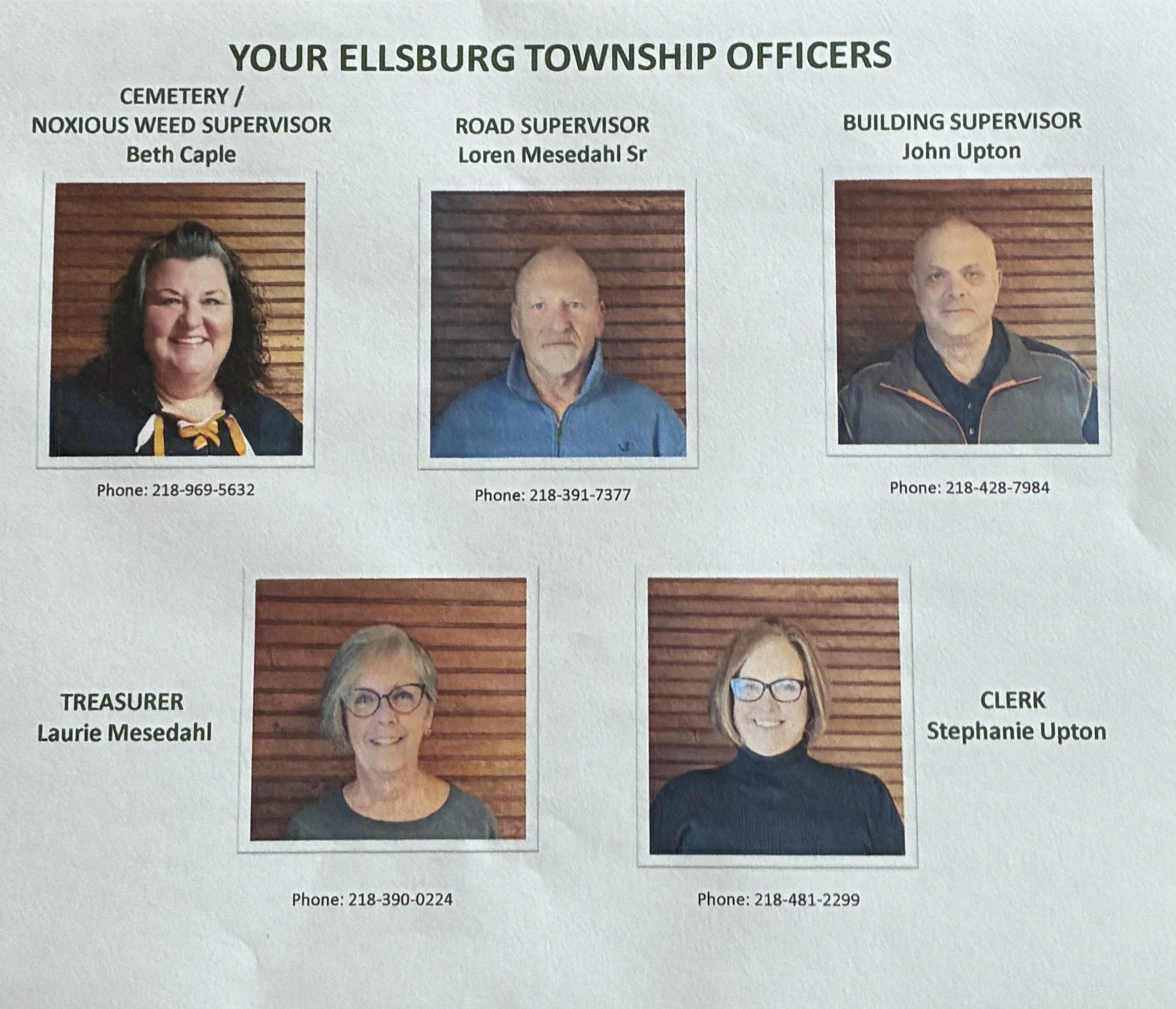 Photographs of Ellsburg Township officers, including Beth Caple, Loren Mesedahl Sr, John Upton, Laurie Mesedahl, and Stephanie Upton, with their names and phone numbers listed below each photo.