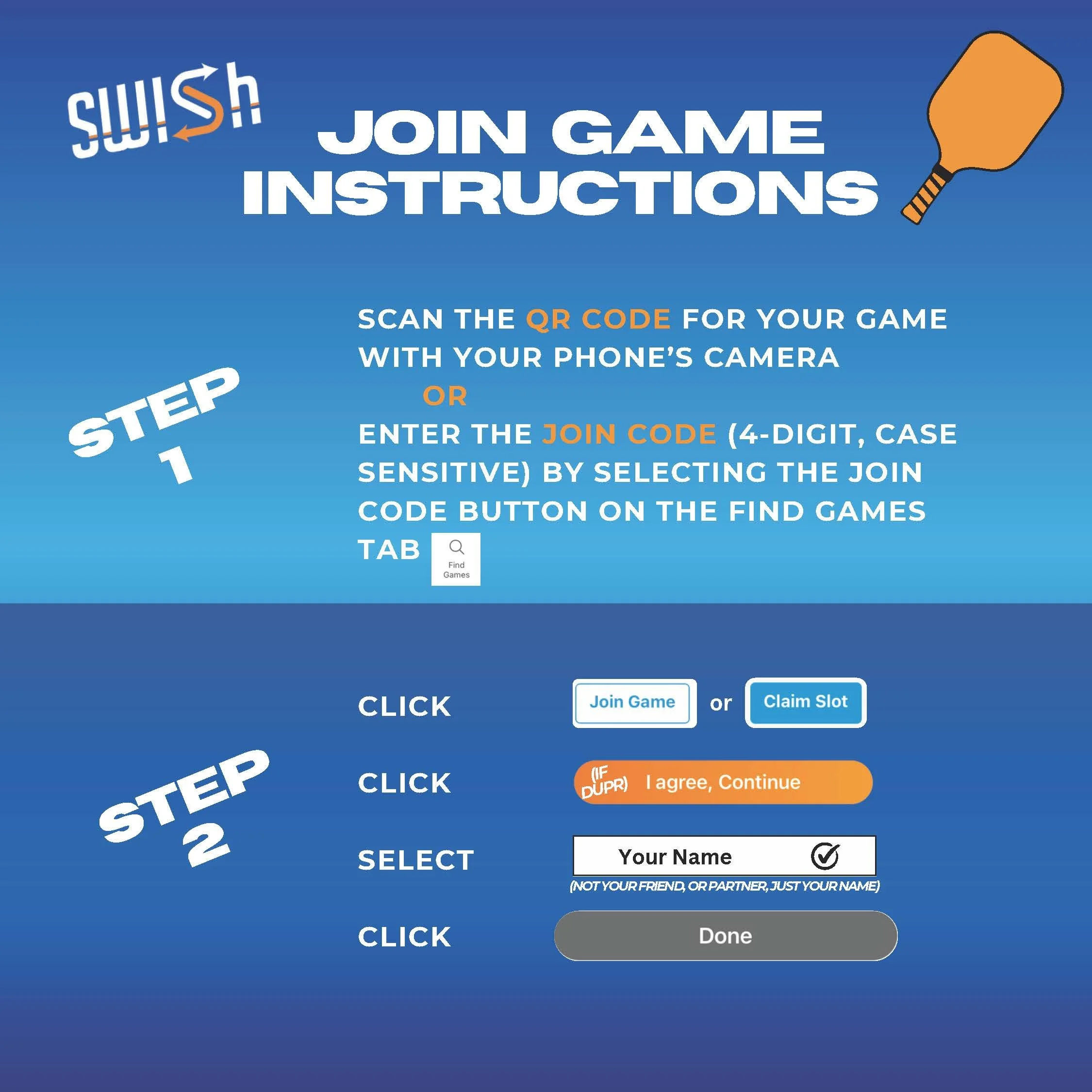 Instructions for joining a game of Swish, including scanning a QR code or entering a join code, with buttons labeled 'Join Game,' 'Claim Slot,' and 'Done,' and a section to enter your name.