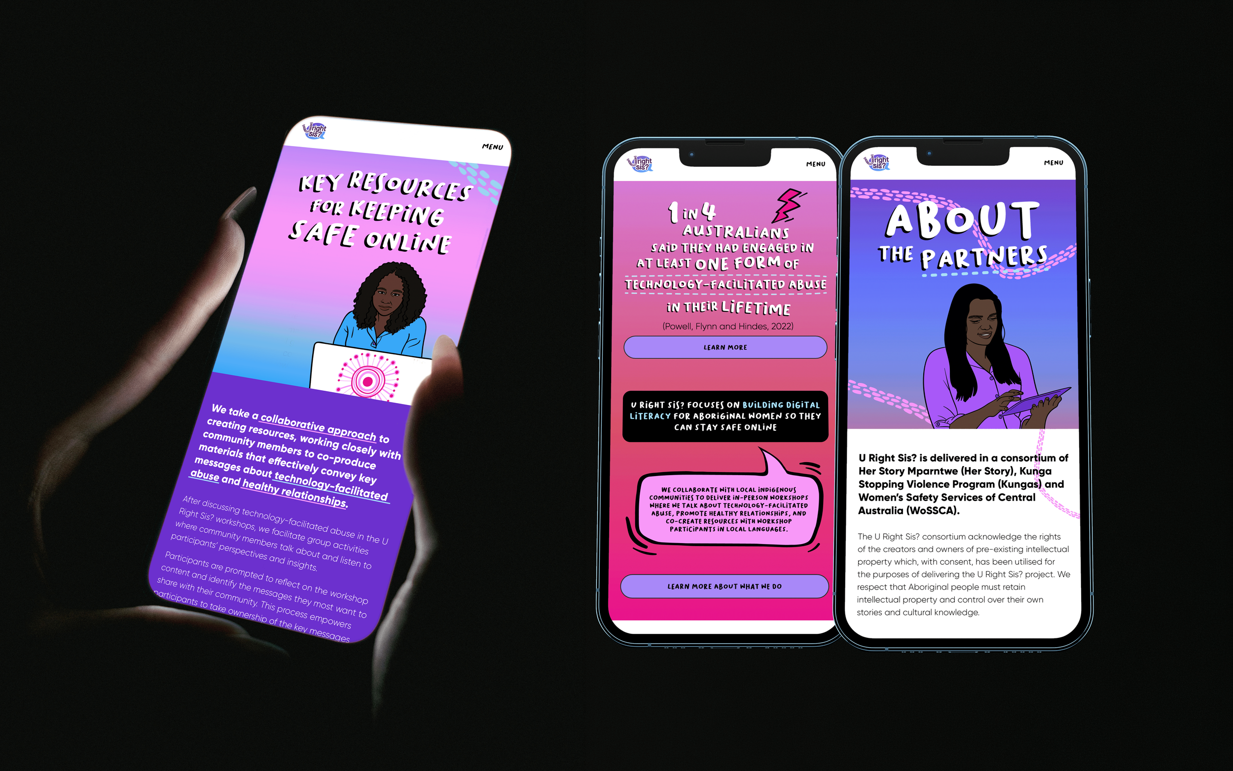 A person holding a phone, with two floating phone screens next to it all showing different pages from the U Right Sis? website with bright colours and illustrations and an informal font.