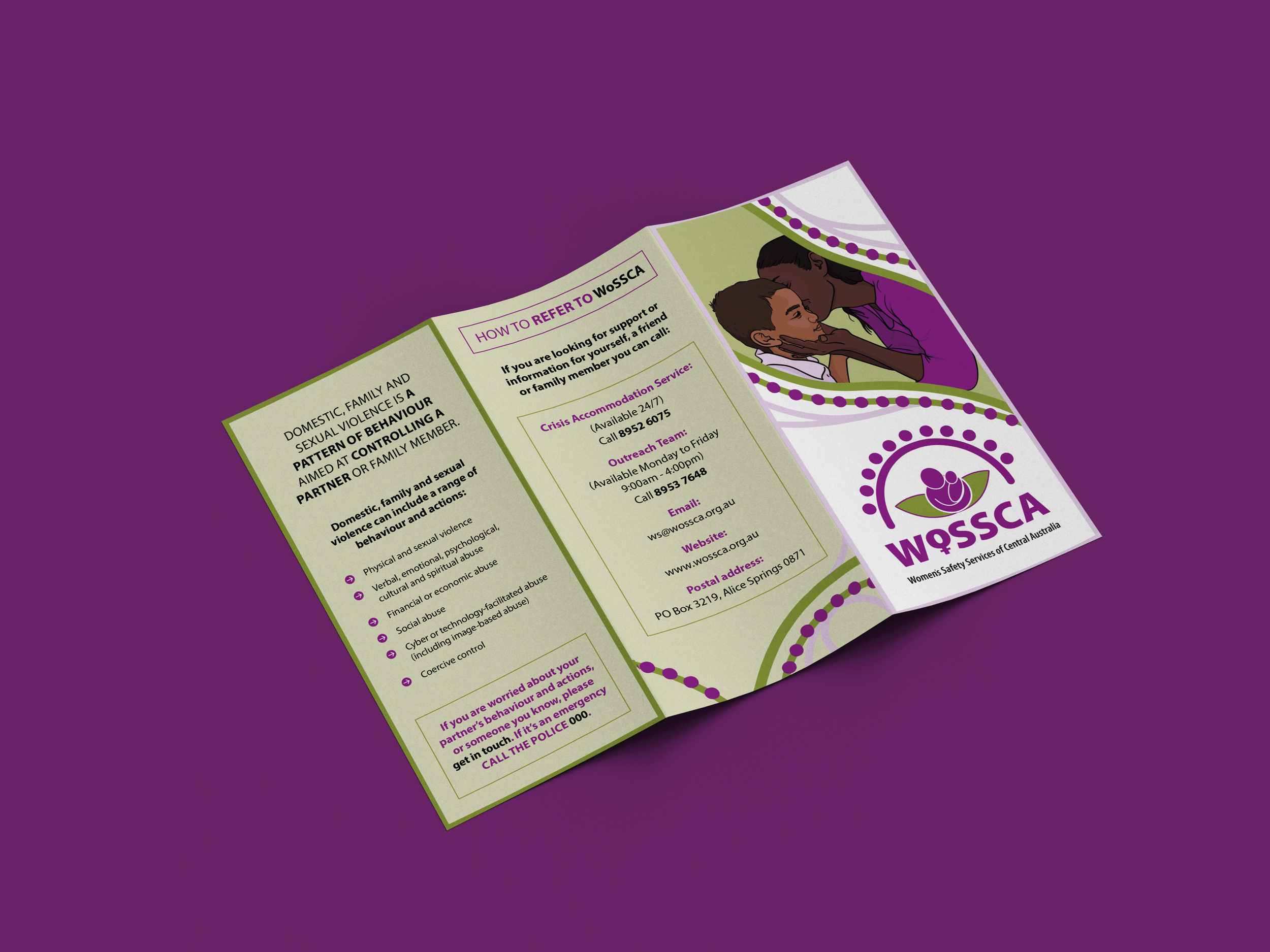 Back of the brochure featuring an illustration of a mother and child, and contact information and more for WoSSCA.