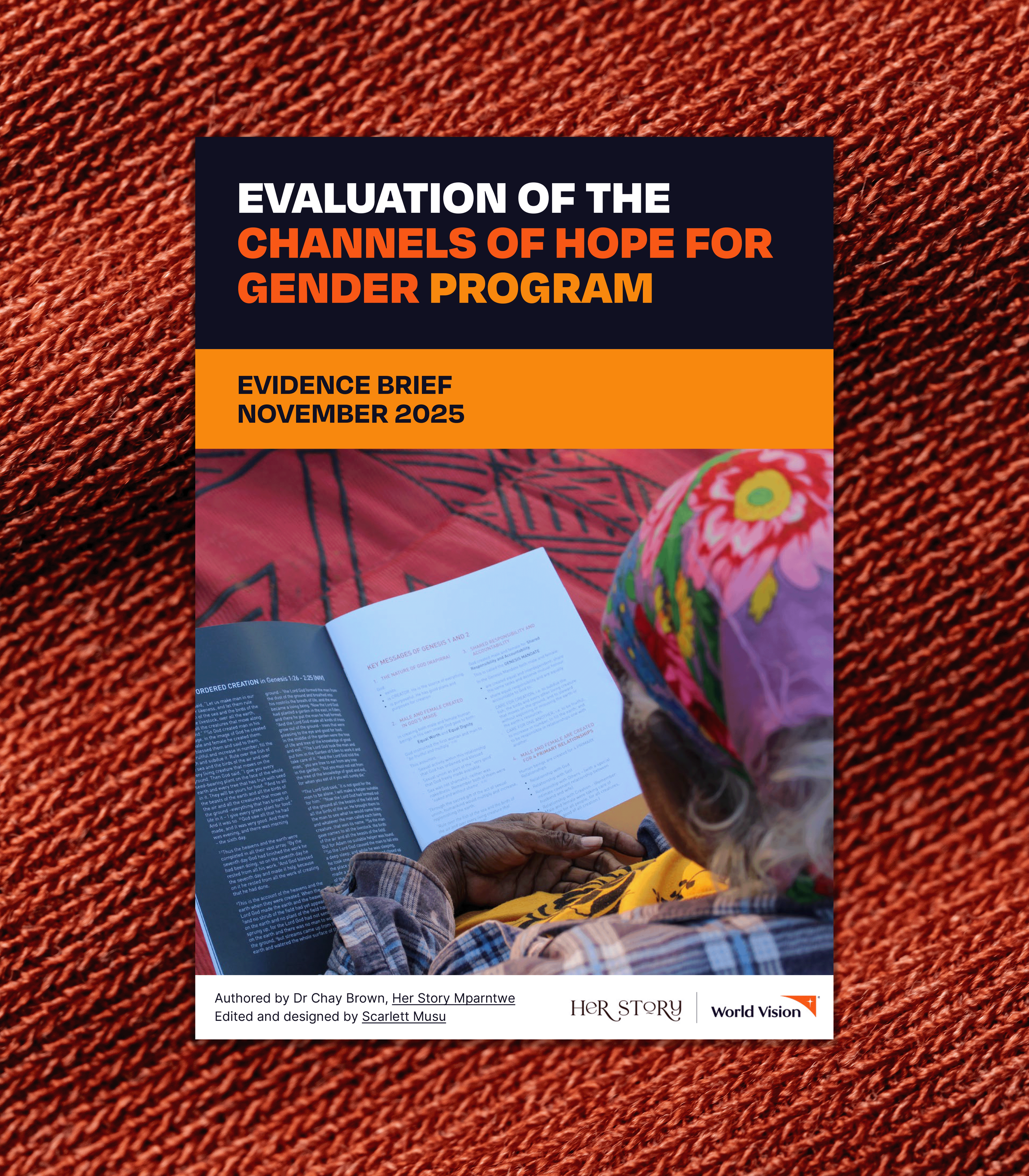 Front cover of the Evaluation, featuring bold text, bright and warm colours, and a photo of a woman reading a document.