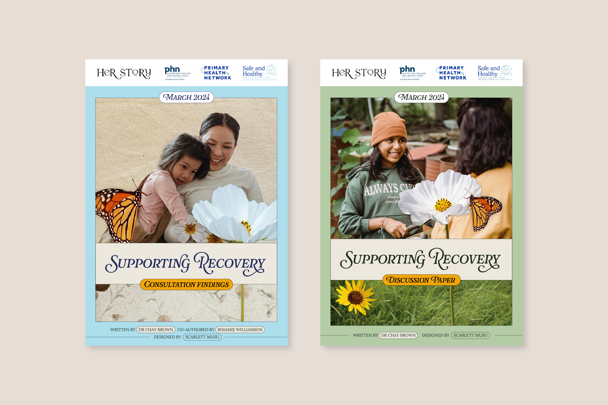 Front covers of the 'Supporting Recovery Consultations Findings' and the 'Supporting Recovery Discussion Paper' documents, side by side. They feature bright, colourful and joyful collages with diverse women and children, flowers and butterflies.