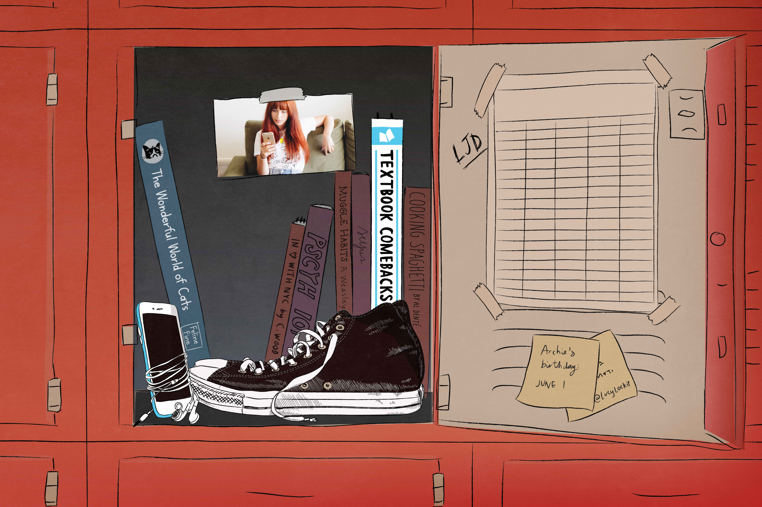 A muted colour sketched illustration of a school locker with converse, an iPod, and a bunch of books in it.