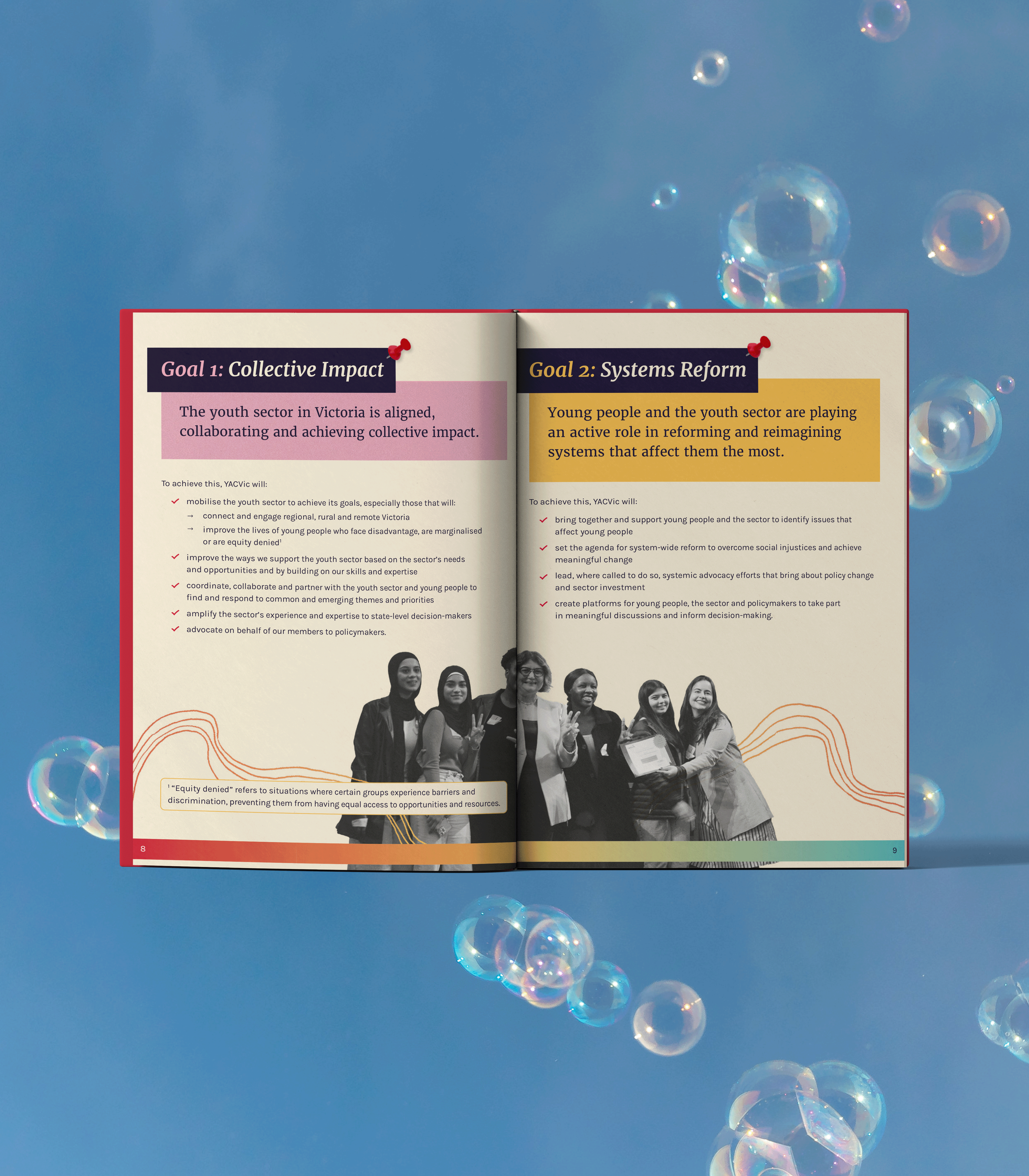Pages from the strategic plan featuring the goals. Design features bright colours and collage style artwork.