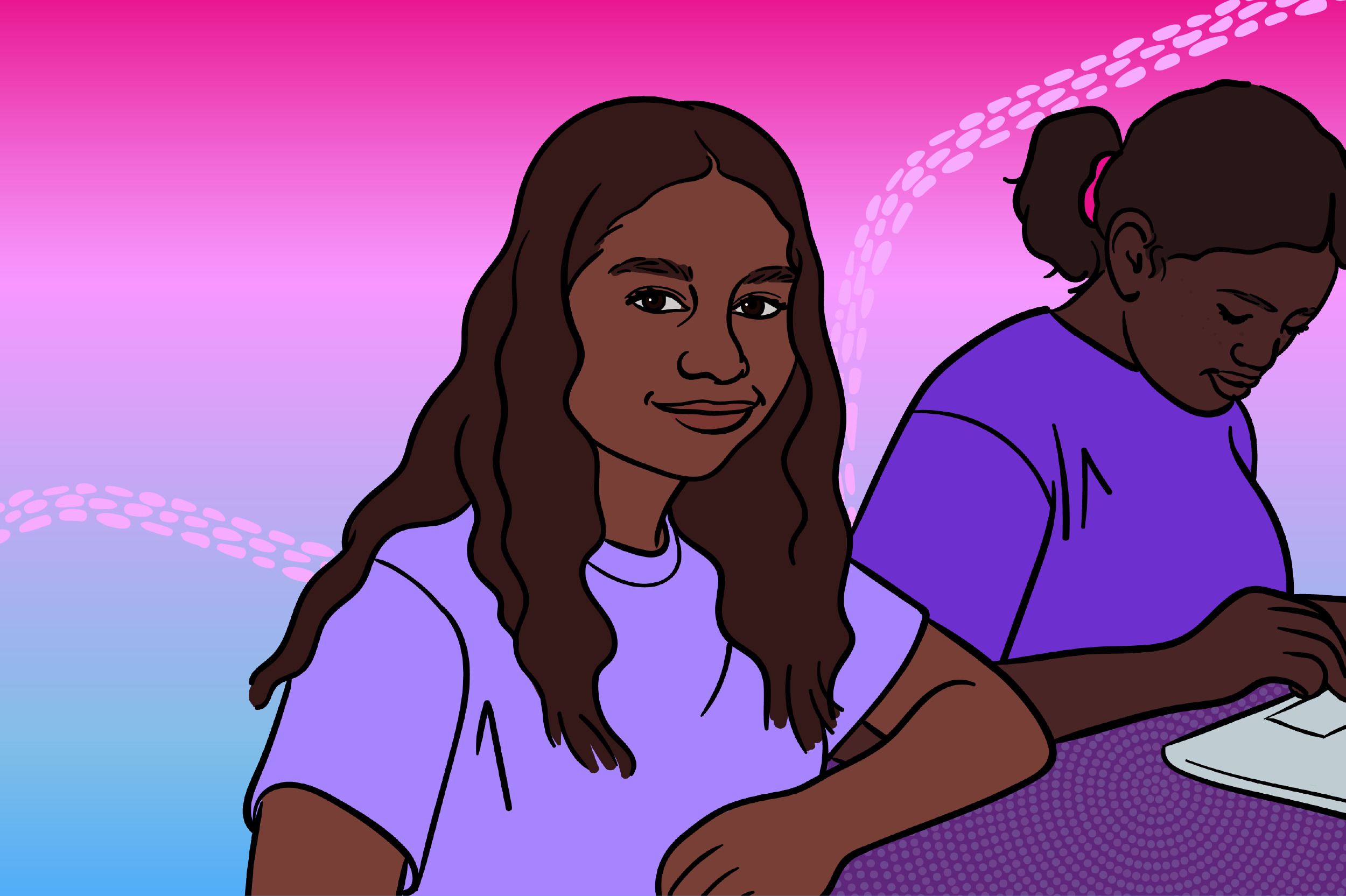 Illustration of two Aboriginal teenage girls sitting at a desk together, one typing on a laptop and the other smiling. They both have brown skin and long brown hair.