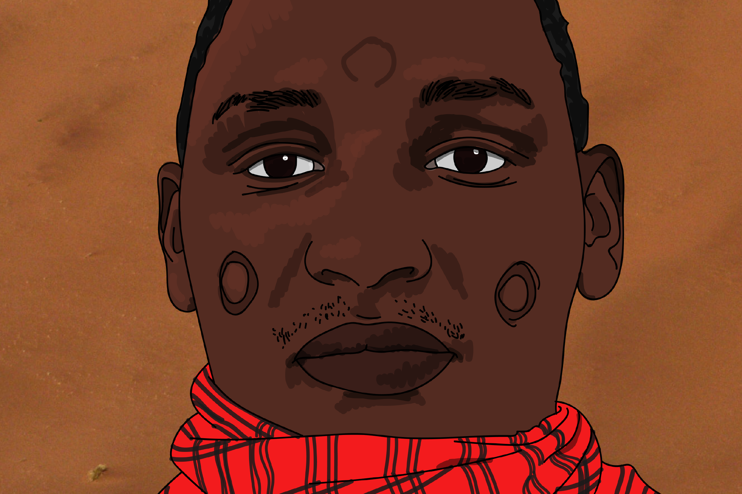 A realistic illustration of a dark-skinned Black man with short hair and a tartan red scarf wrapped around his neck.