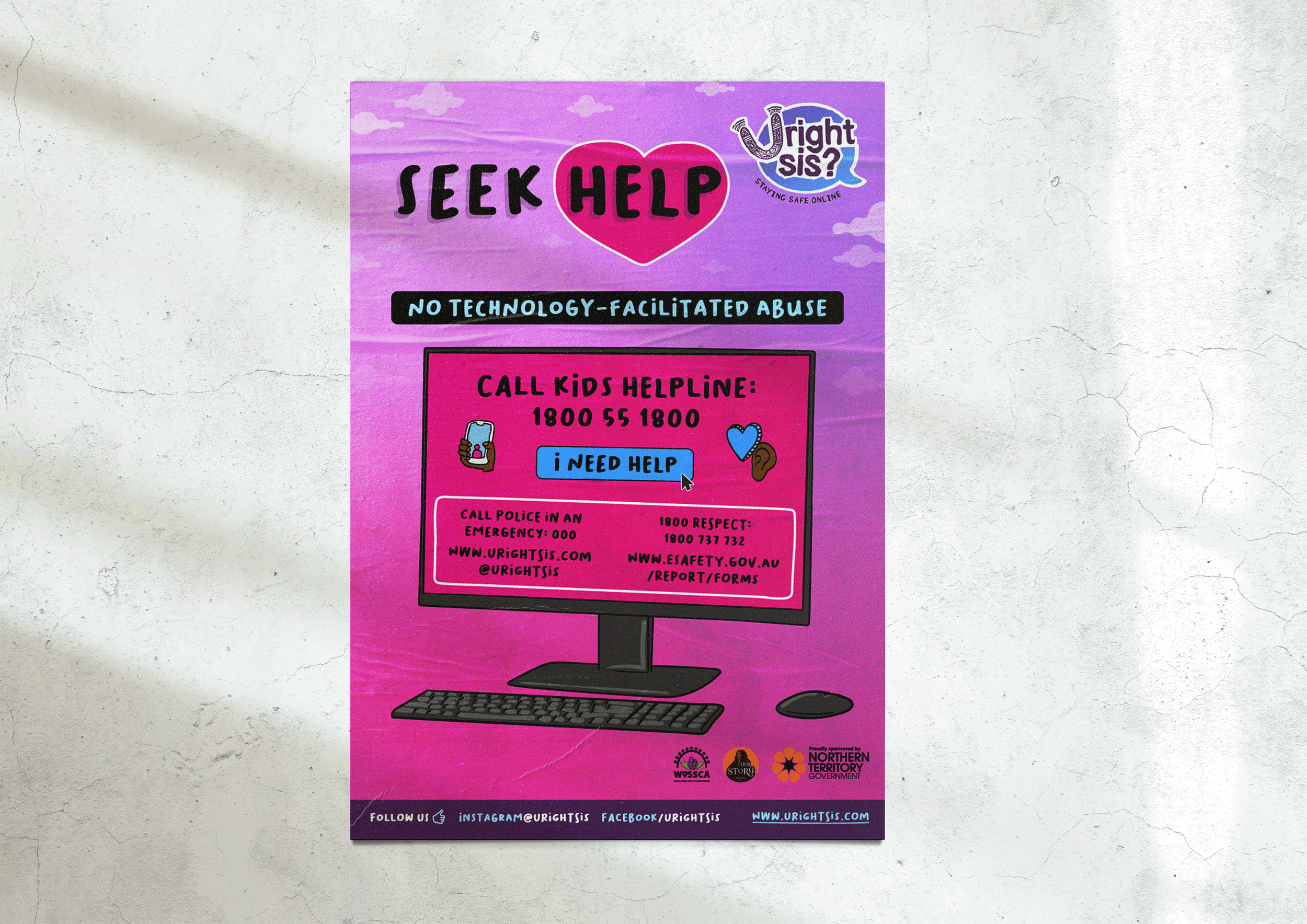 A poster stuck on a wall detailing how to seek help for technology-facilitated abuse with an illustrated computer and ways to get help.