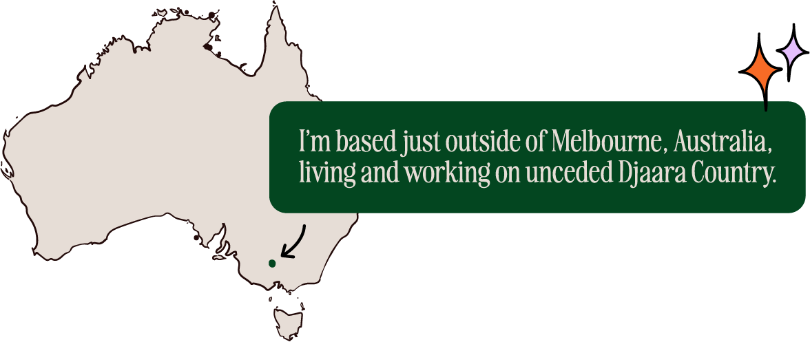 I’m based just outside of Melbourne, Australia,  living and working on unceded Djaara Country. Map of Australia pointing to Castlemaine.