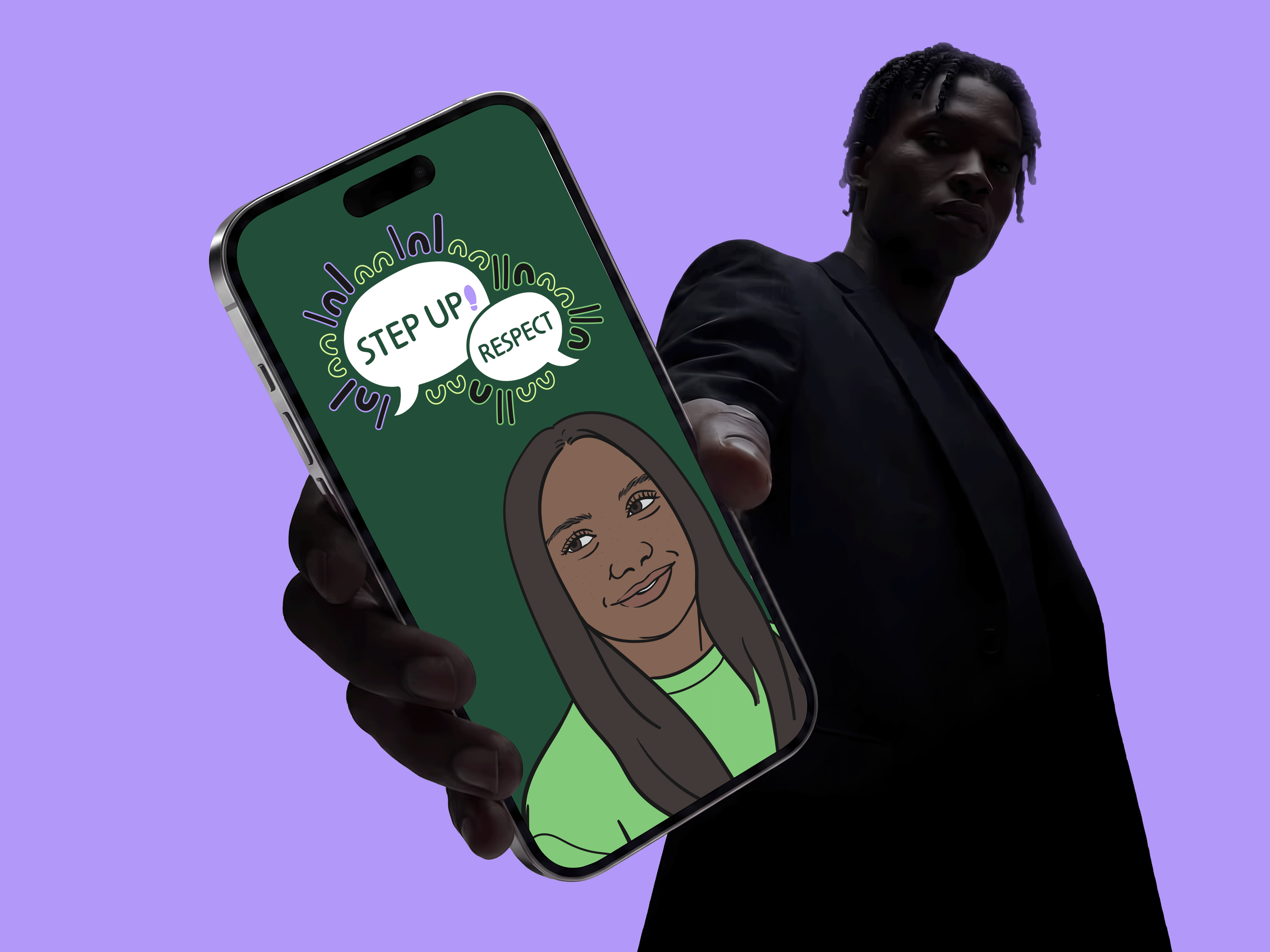 Black man holding a phone up close to the screen, with the Step Up! Respect logo and an illustration of an Aboriginal teenage girl.