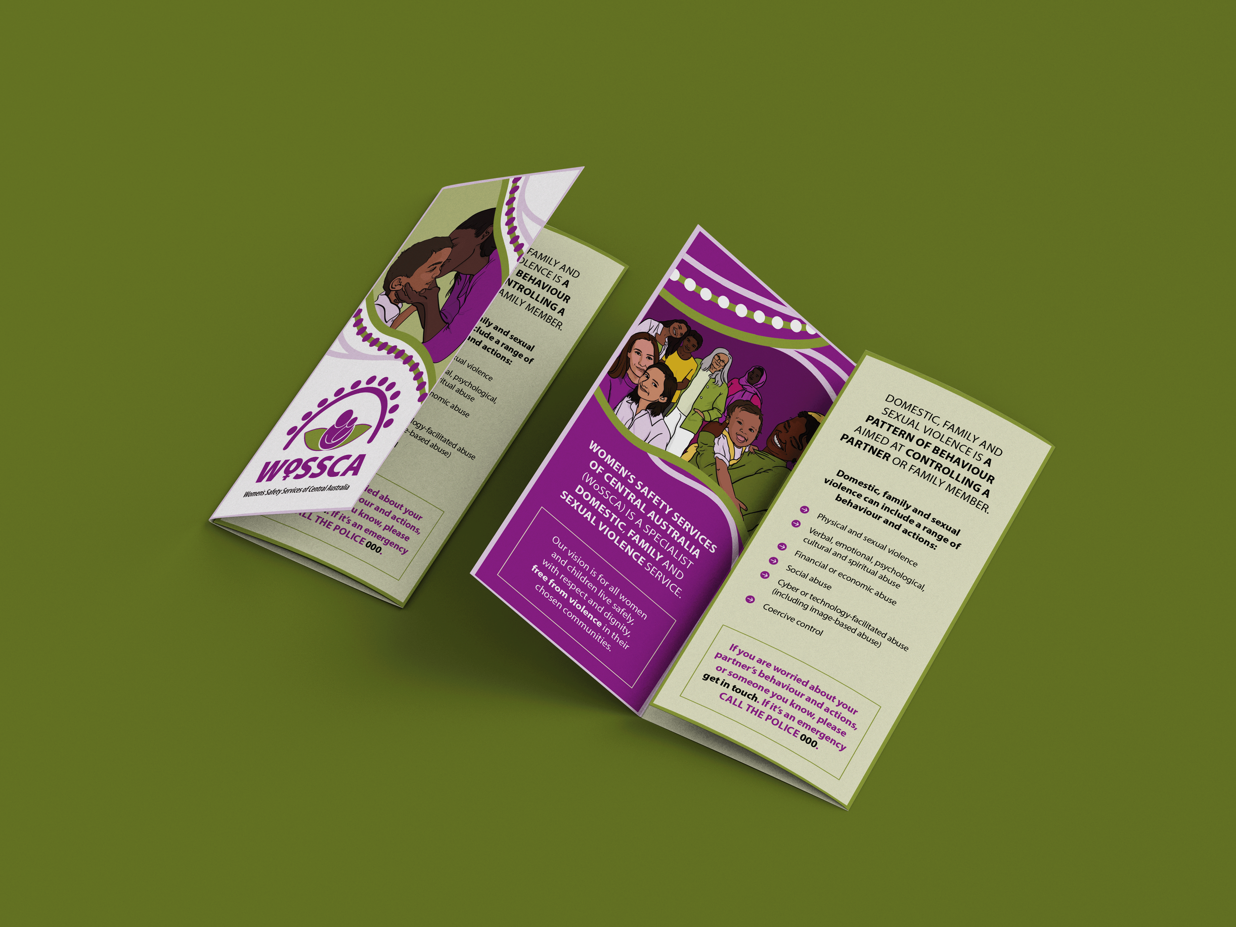 A brochure by WoSSCA featuring purple, green, and two illustrations of women and families.