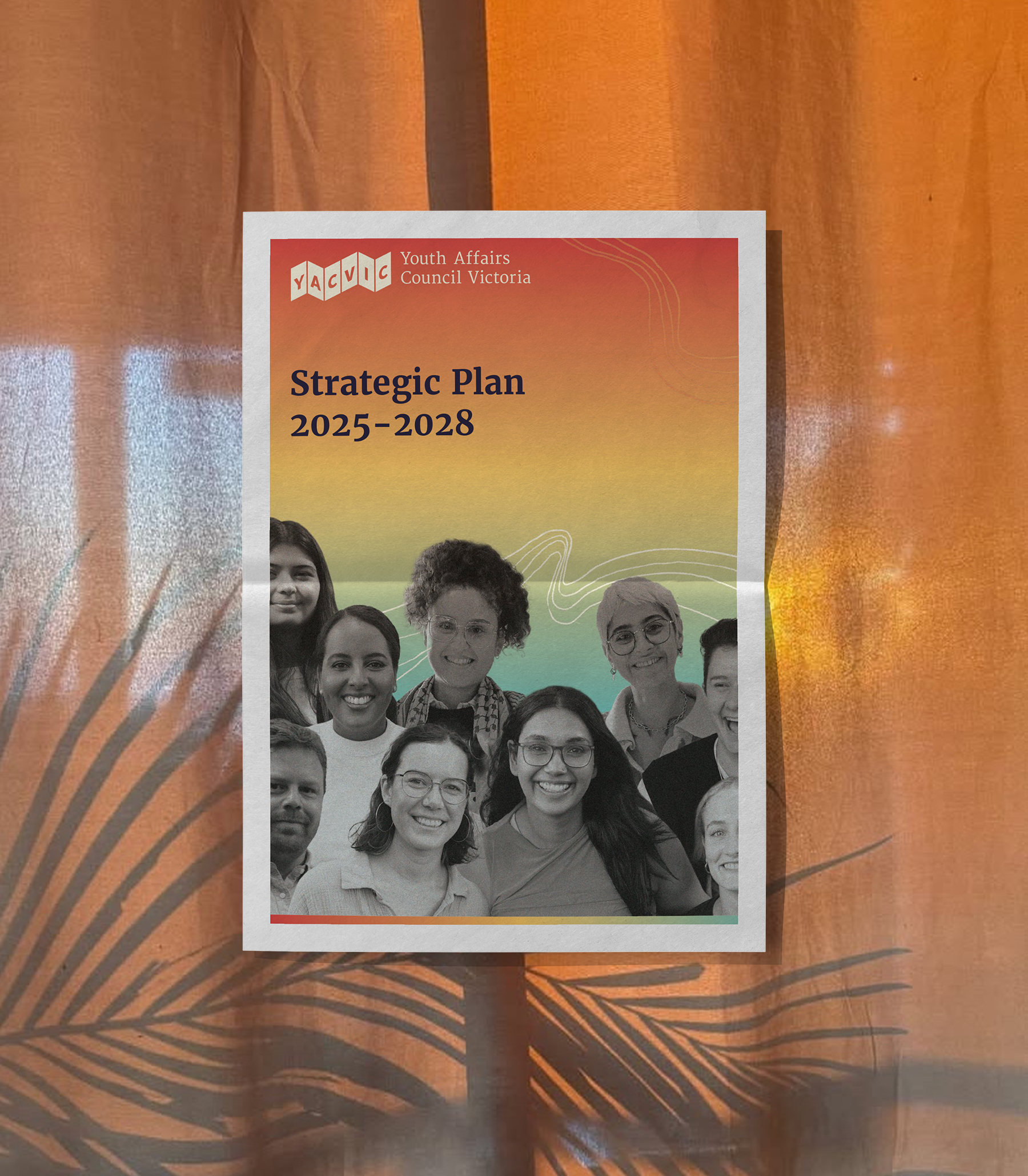 Front cover of the strategic plan, featuring YACVic members in a black and white collage and a red to blue gradient.