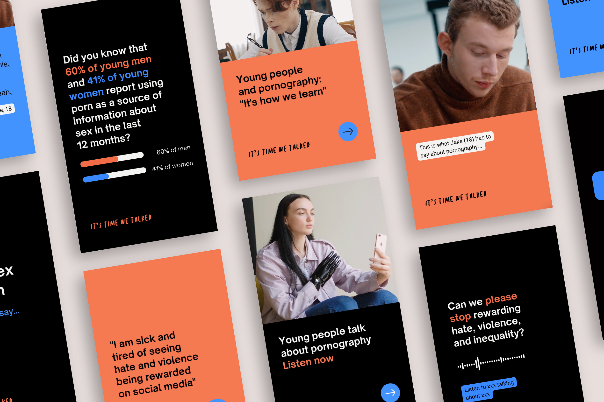 A flatlay of different 'Its time we talked' Instagram Reel covers talking about young people and pornography. The branding uses black, orange and bright blue and is bold, clean and easy to read. Photos feature diverse young people.