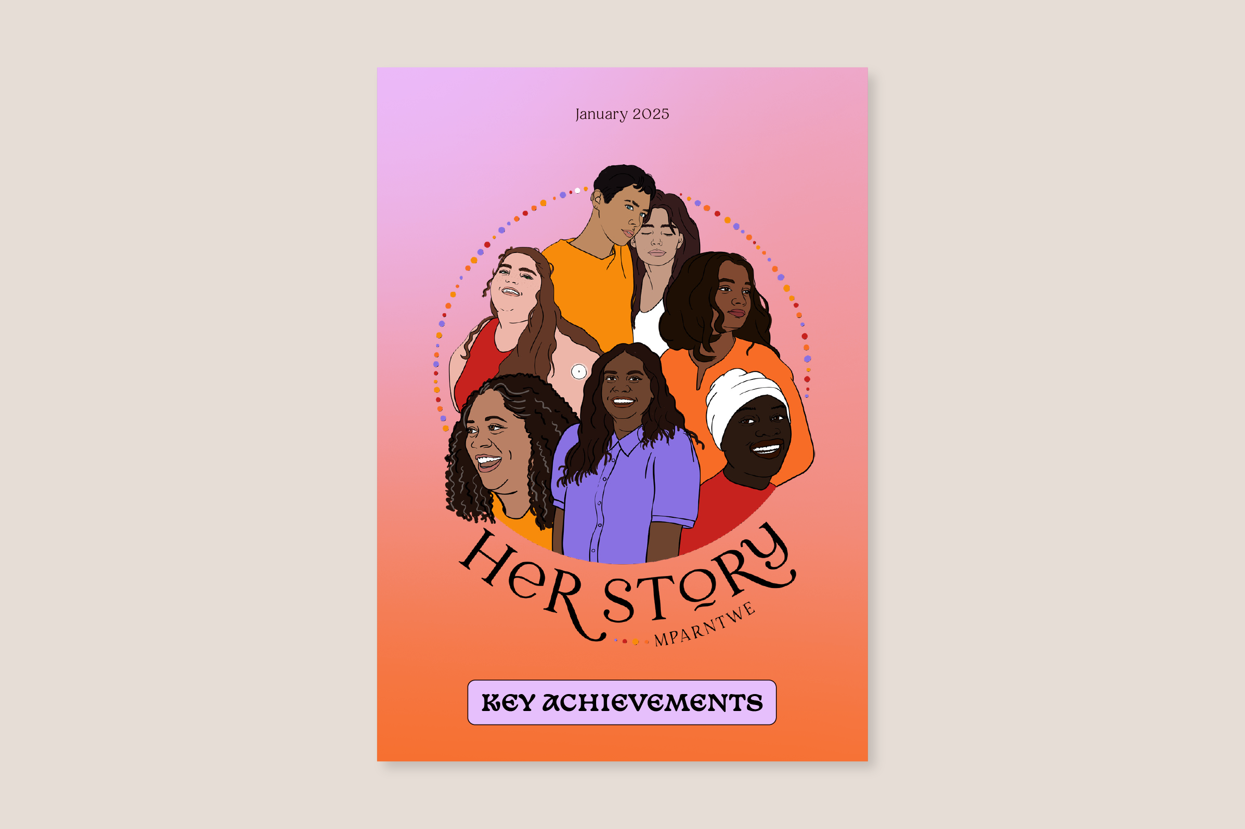 Front cover of the 'Key Achievements' document, featuring a colourful illustration of diverse women and non-binary people on a colourful gradient.