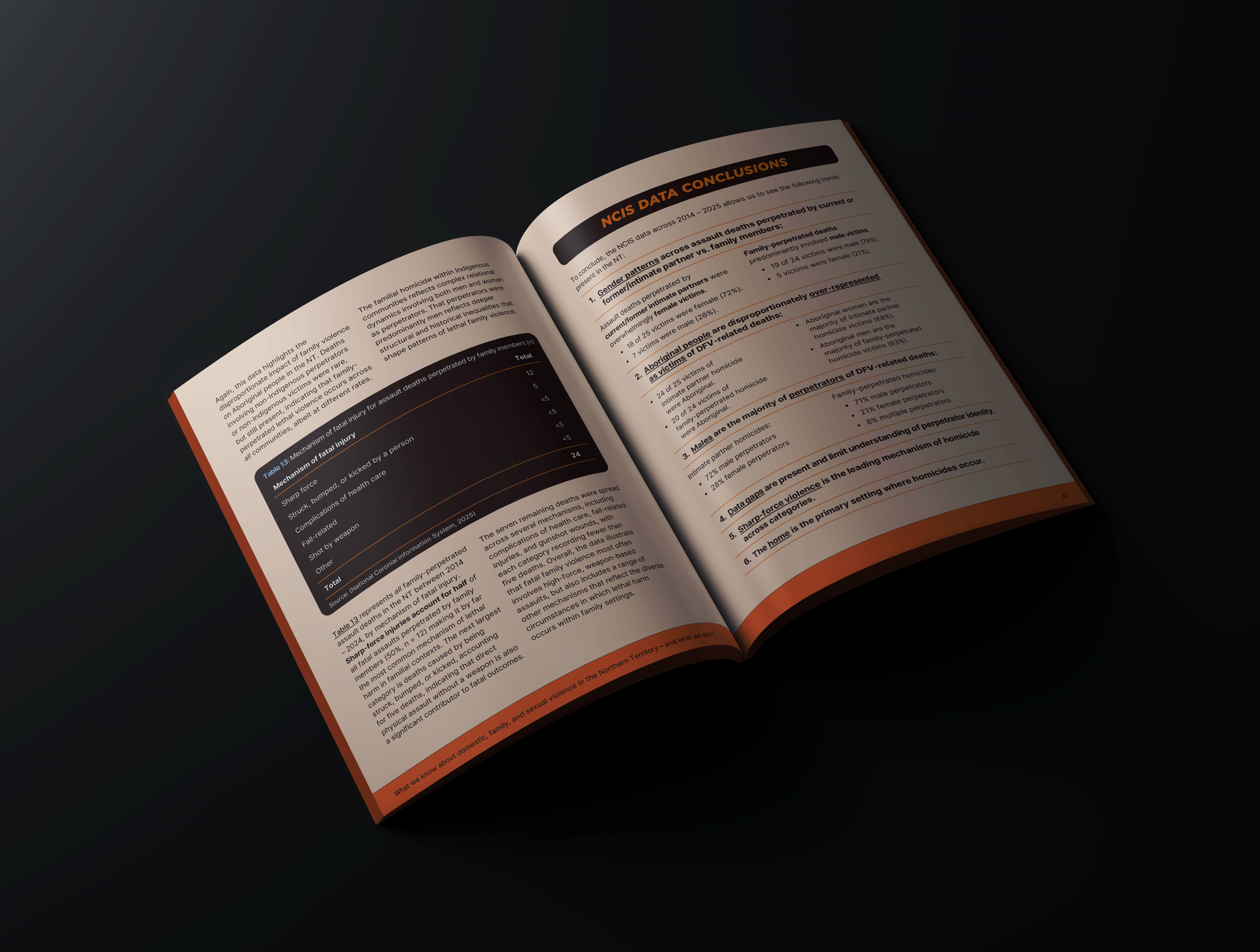 Open NCIS report or research paper on a desk with a black background.